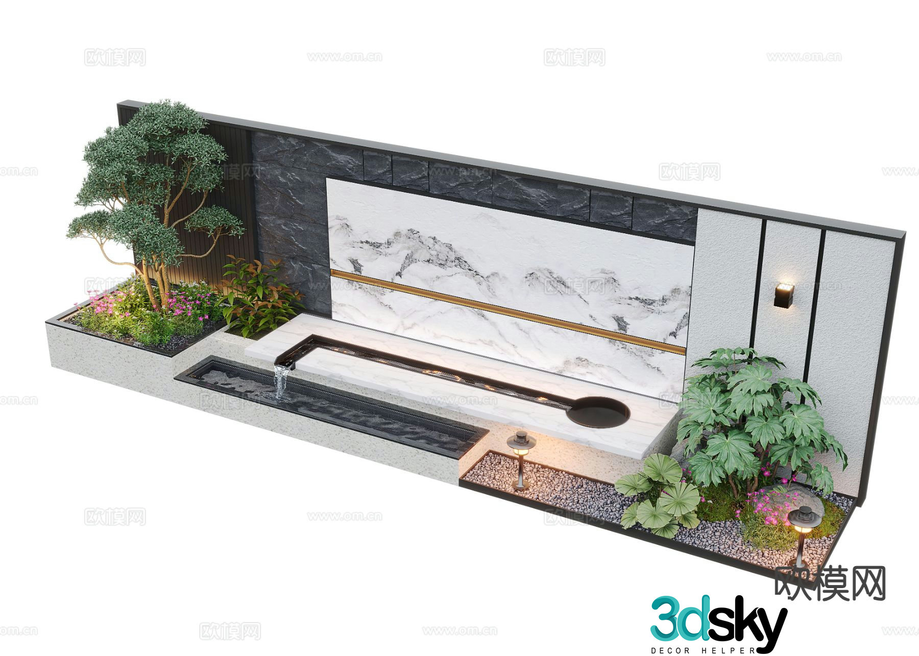New Chinese style fountain water feature wall falling water wall 3D model