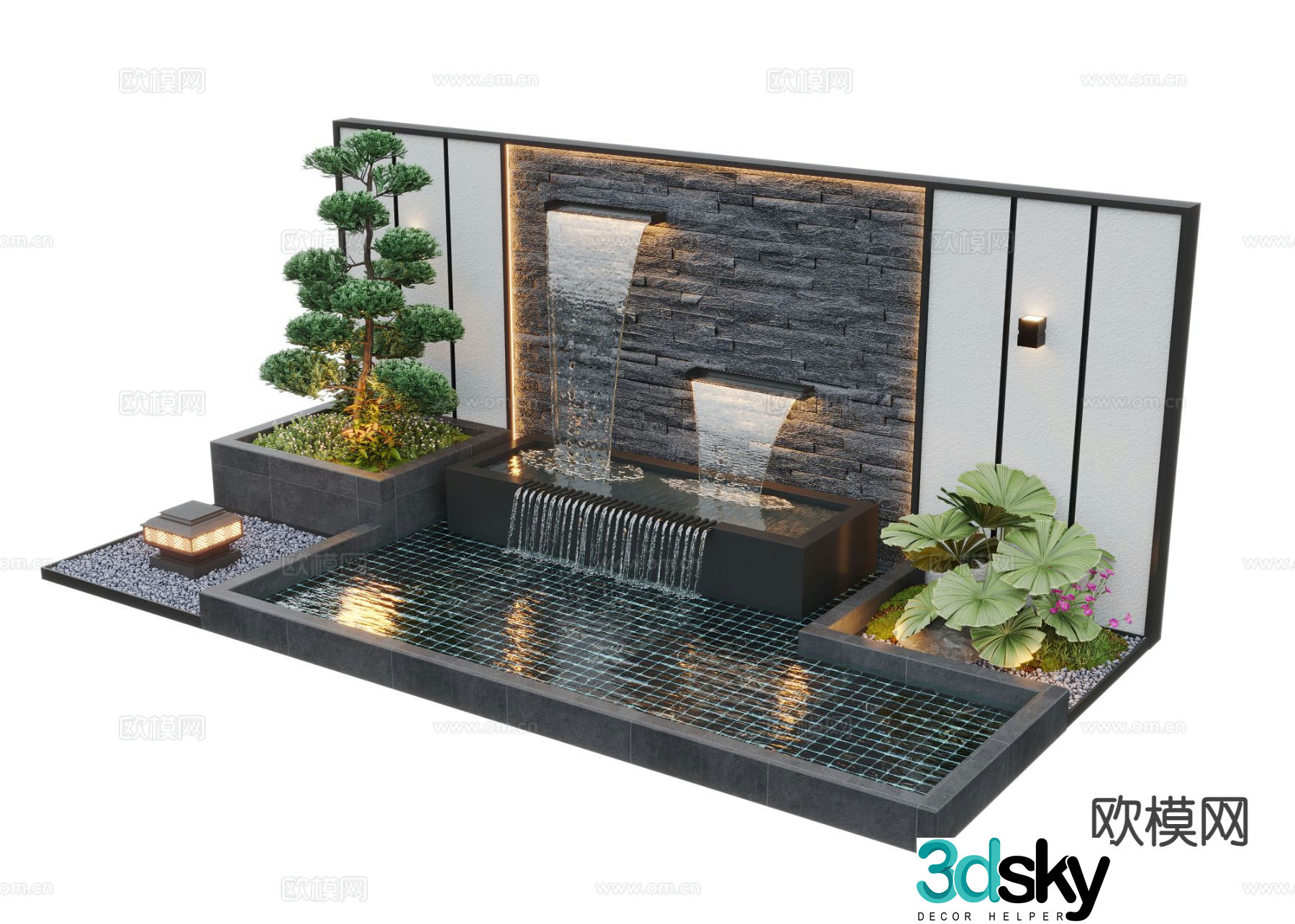 New Chinese style fountain water feature wall falling water wall 3D model
