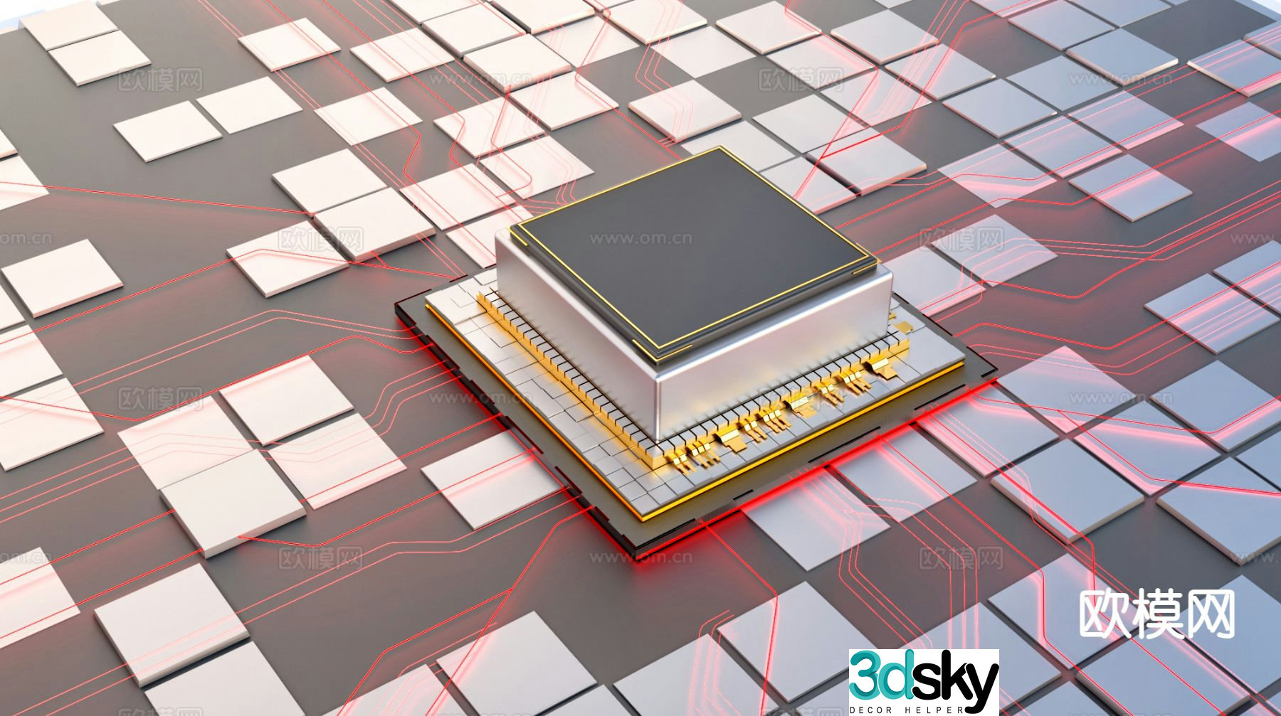 Creative science fiction chip scene technology decoration electronic circuit 3d model