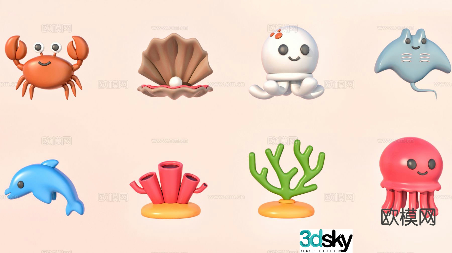 Cartoon sea creatures children’s toys 3d model