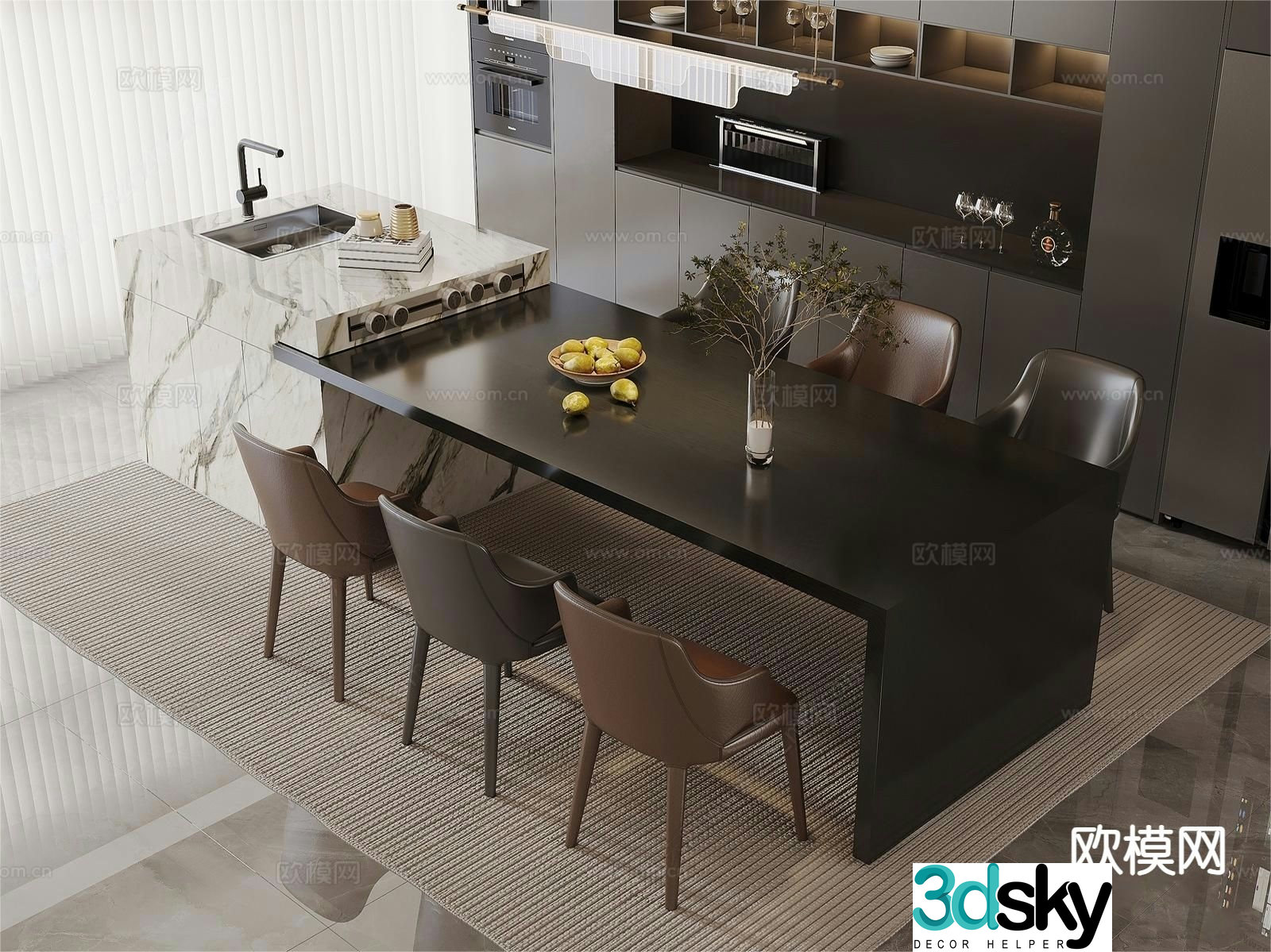 Modern island table dining table and chairs 3d model