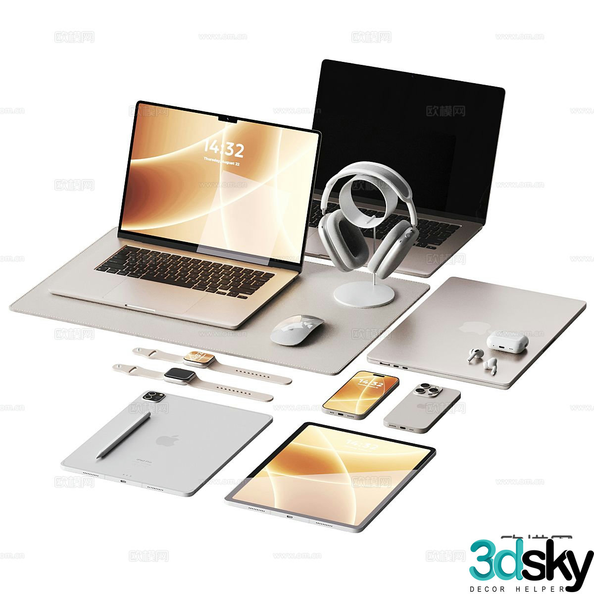 computer notebook office supplies headphones laptop 3d model