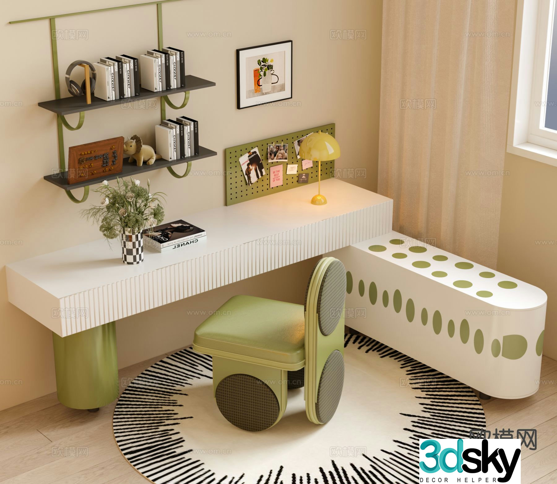 Cream style desk and chair children’s desk and chair 3d model