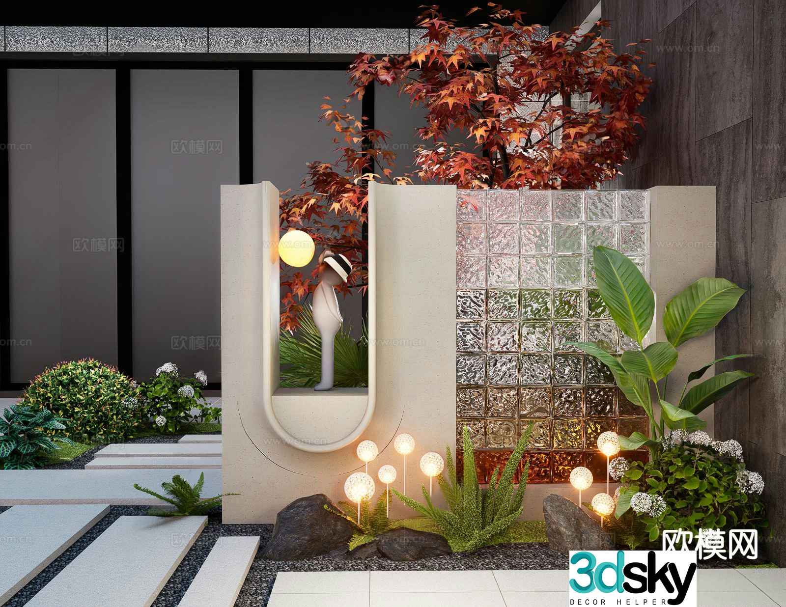 Modern glass brick landscape wall 3d model
