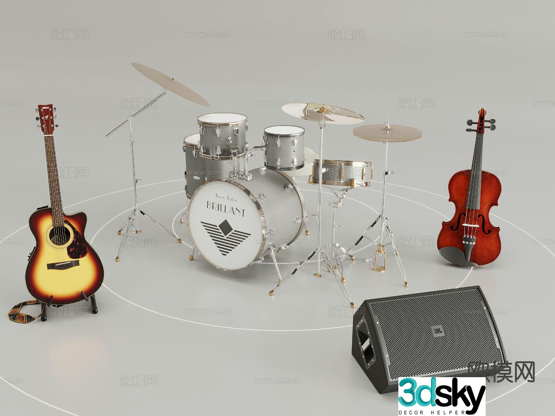 Modern musical instruments drums guitar violin audio 3d model