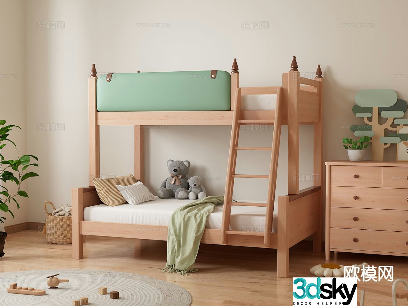 Log children’s bunk bed 3d model