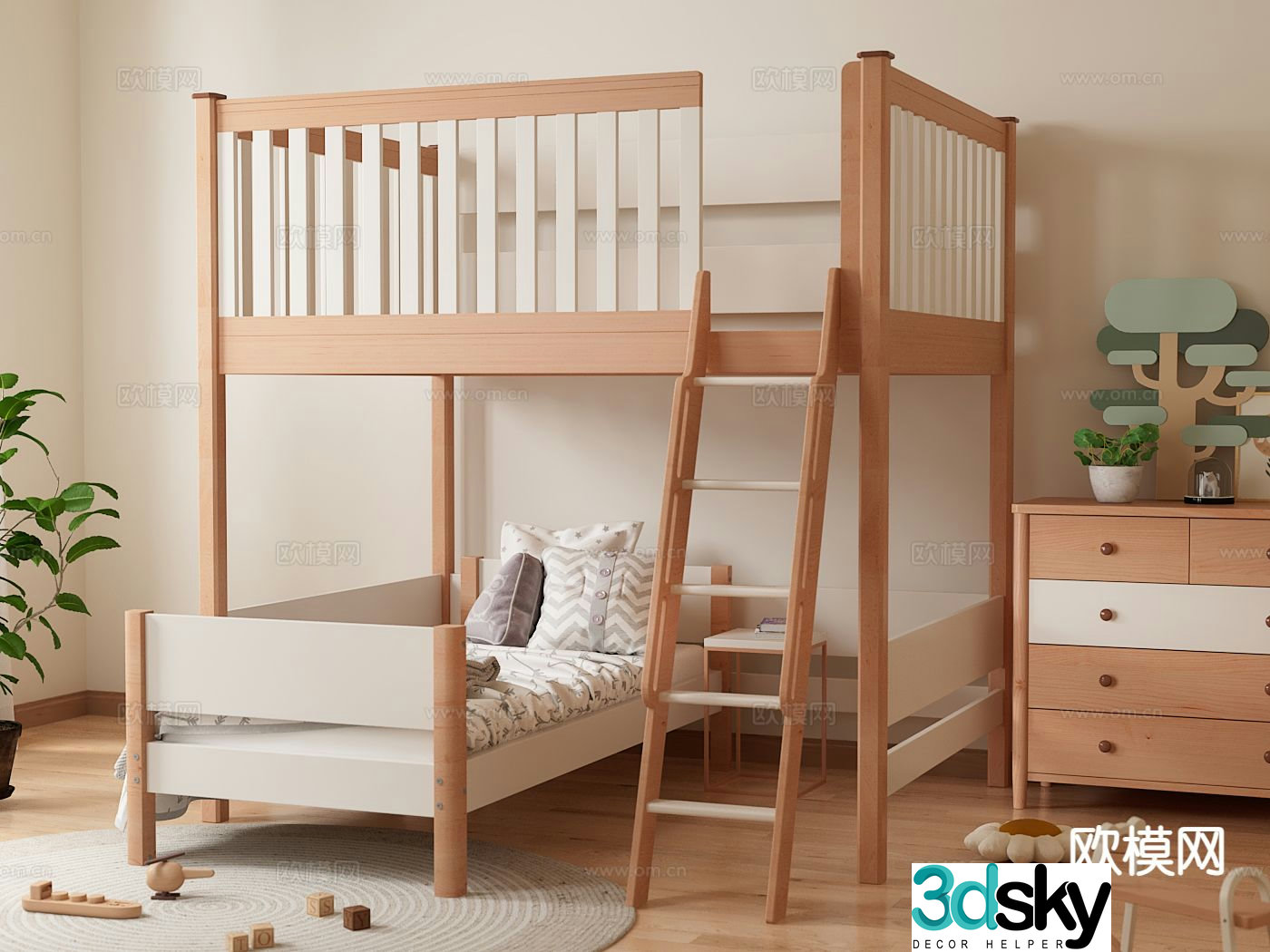 Modern children’s room bunk bed 3d model
