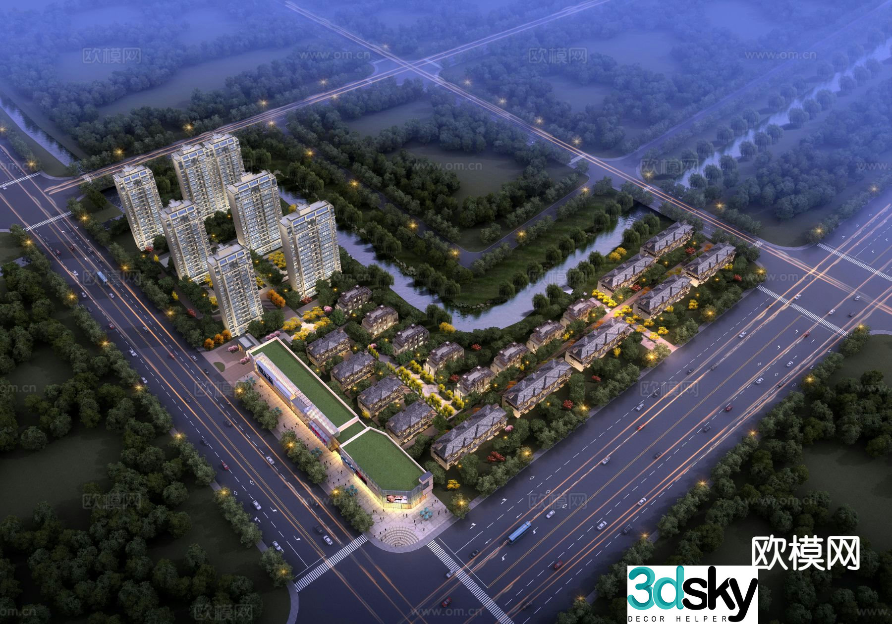Residential area bird’s eye view planning 3d model