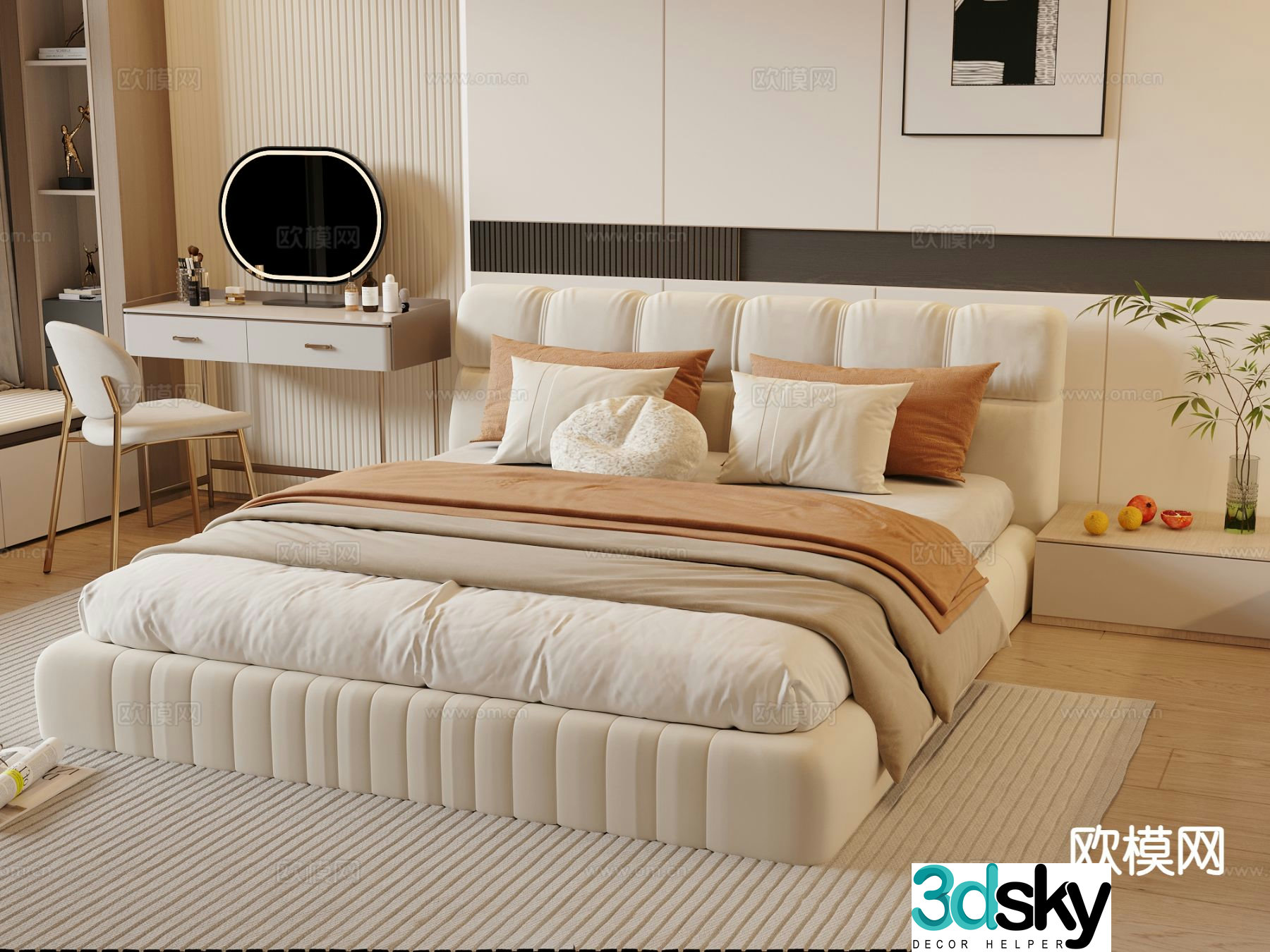 Cream style double bed 3d model