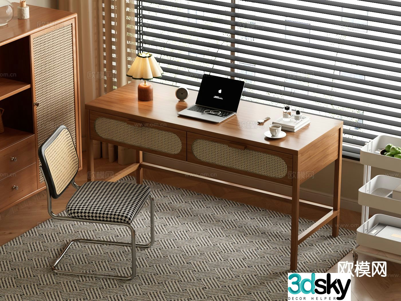 Middle-aged desk and chair rattan desk and chair 3D model