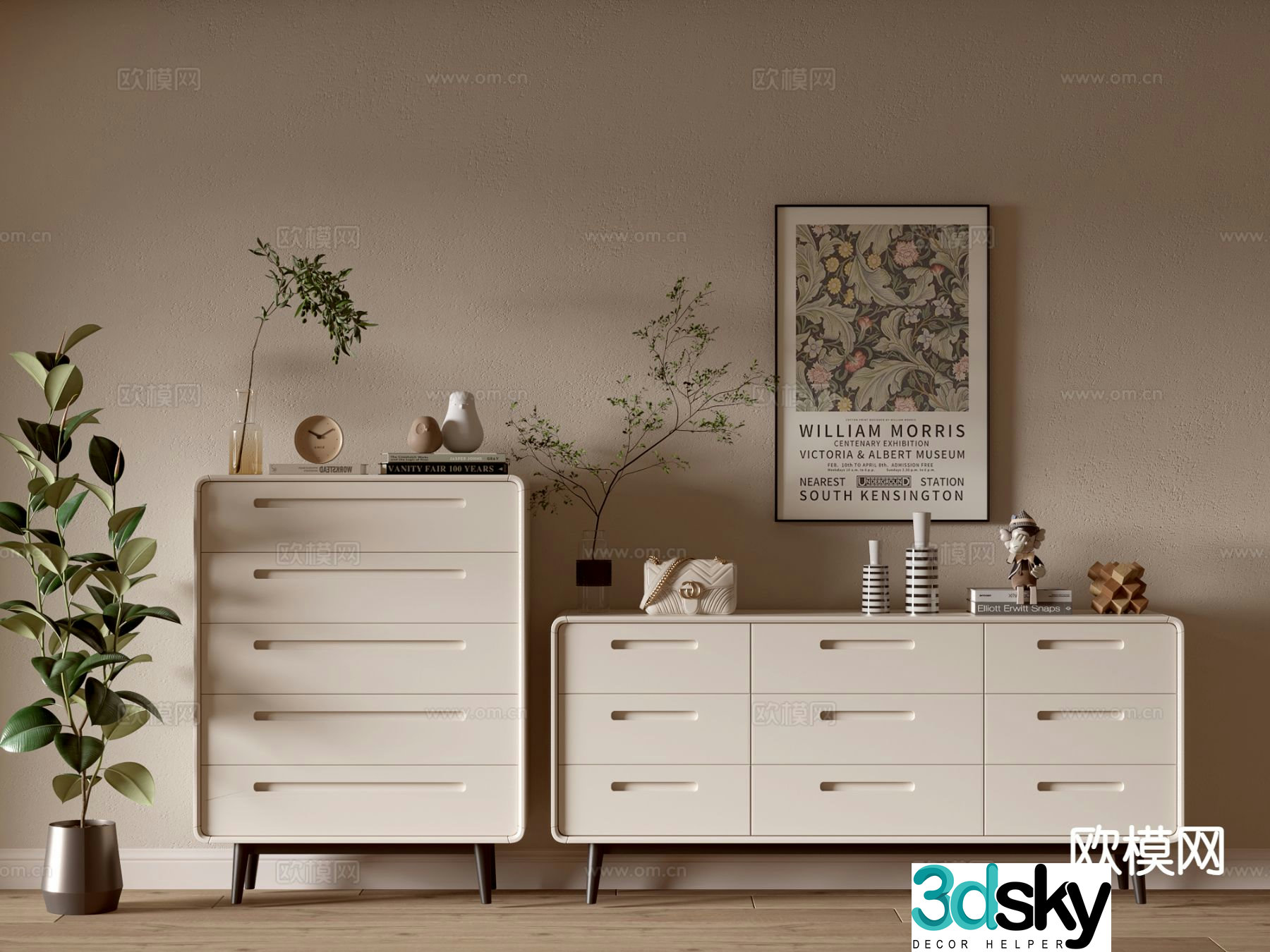 Cream style chest of drawers side cabinet 3d model