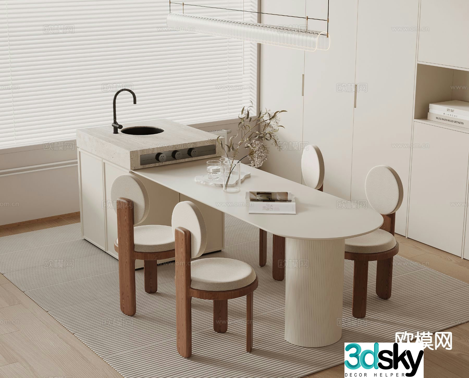 Creamy Island Table Dining Table and Chair 3D Model