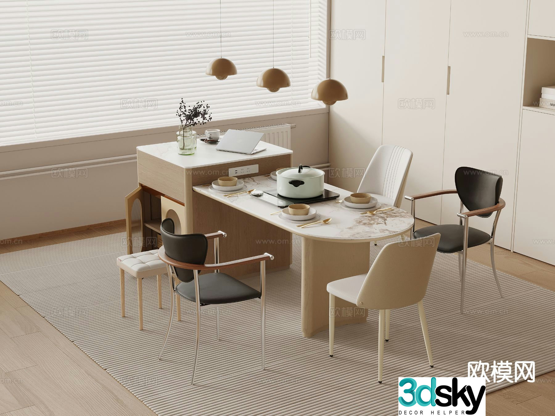 Creamy dining table and chairs Island dining table 3D model