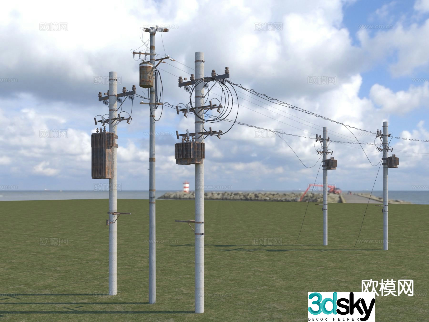 Telephone pole, high voltage line, signal tower 3D model