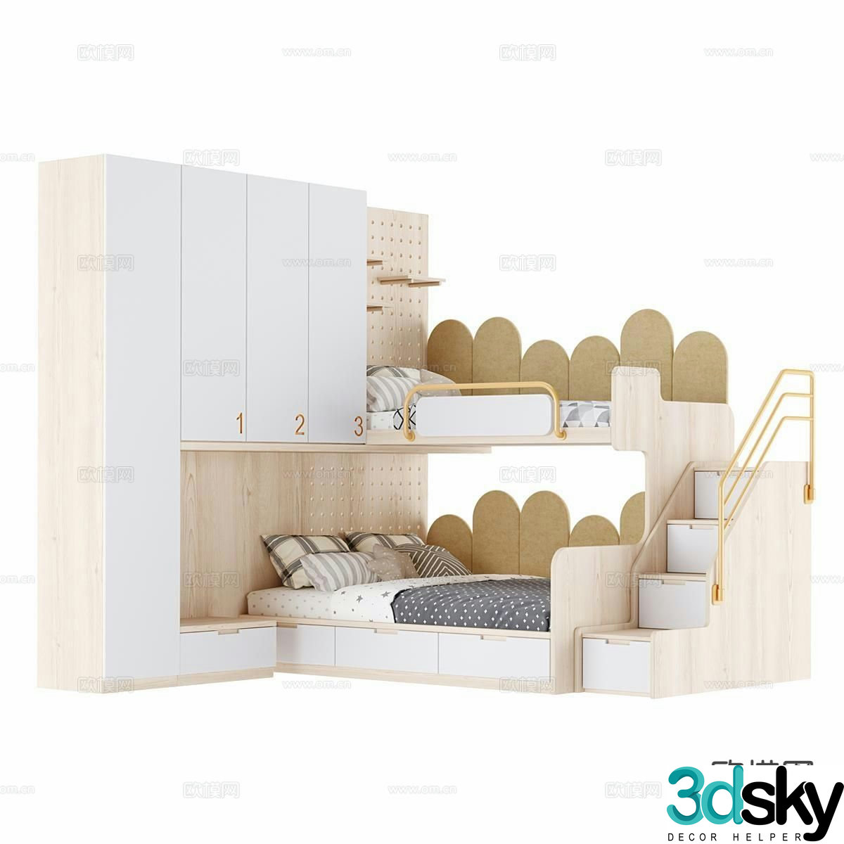 Nordic children’s bed children’s accessories bunk bed high and low bed 3D model