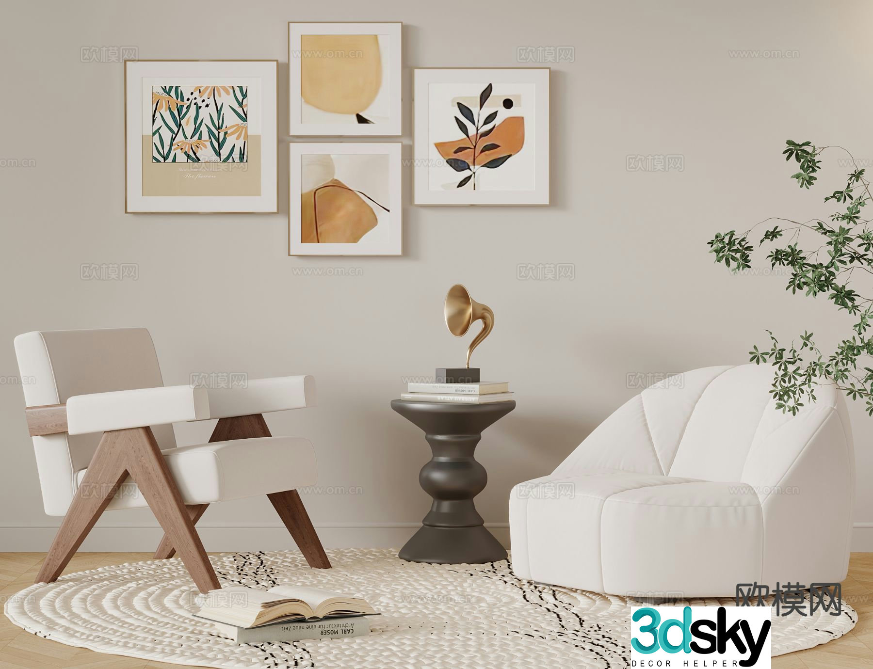 Cream style leisure chair single sofa table 3D model