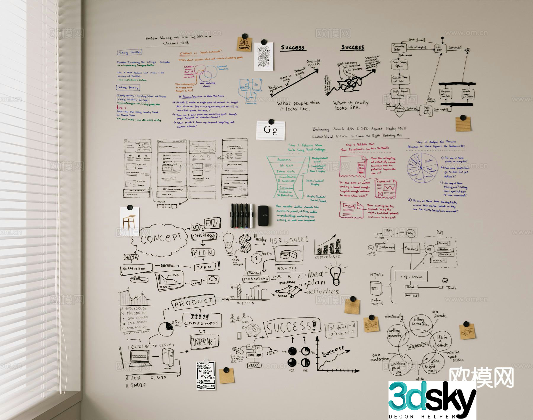 Modern whiteboard sticky note magnetic whiteboard office whiteboard 3d model