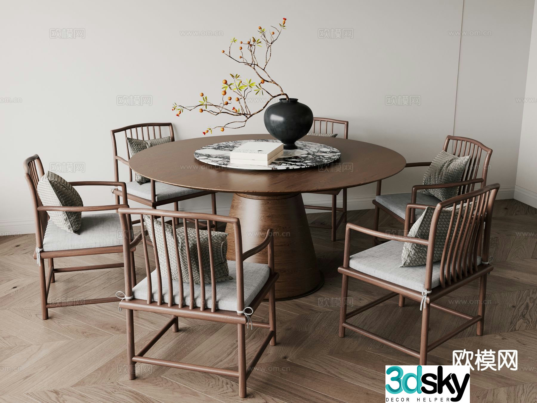 New Chinese style dining table and chairs round dining table 3d model