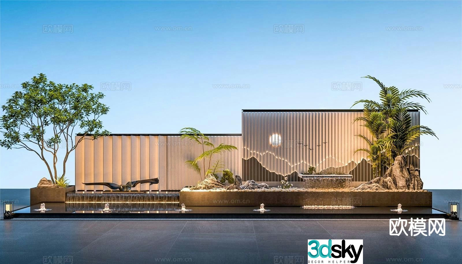 Modern courtyard water feature fountain roof garden sketch 3D model