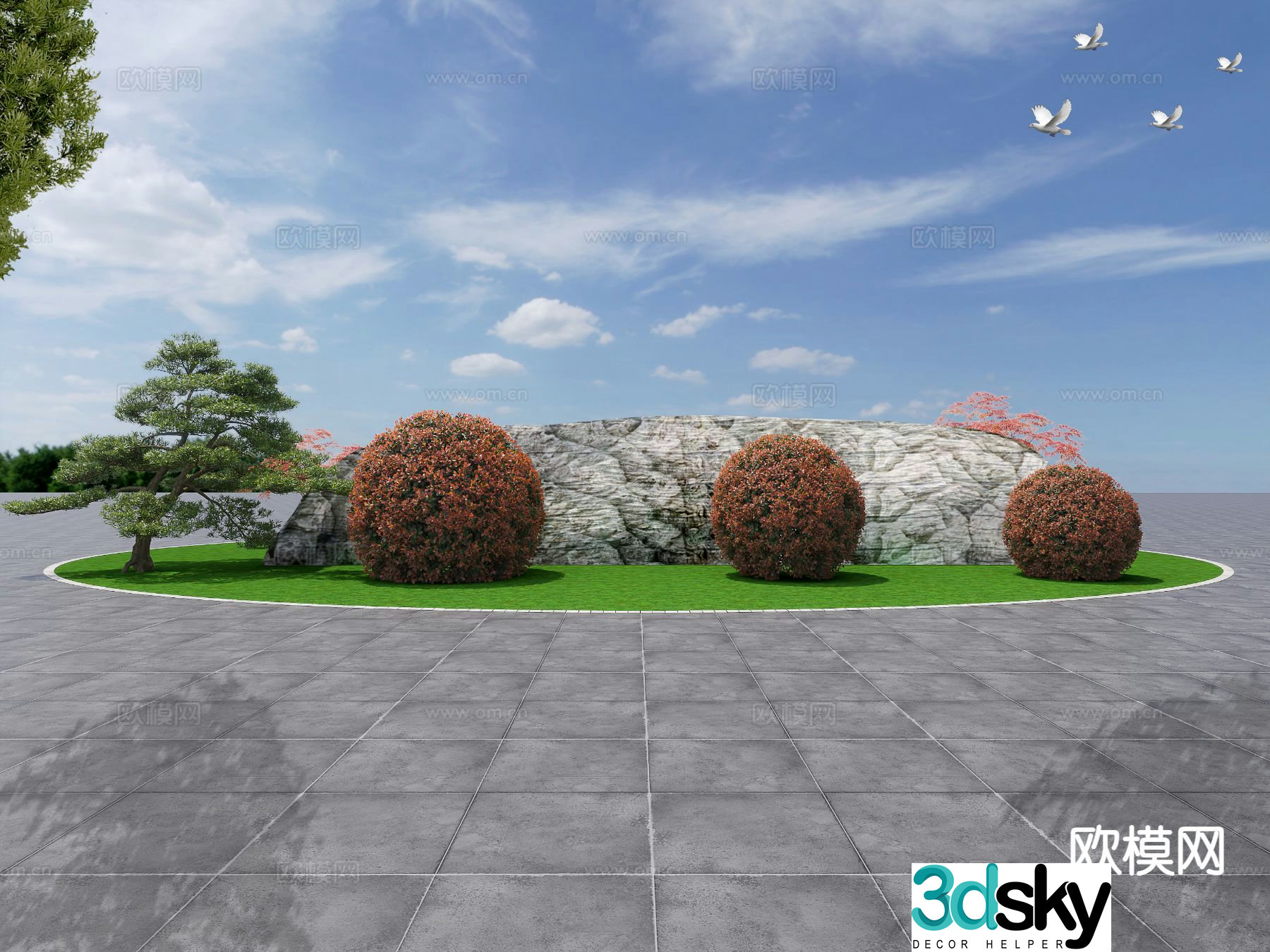 New Chinese style red leaf heather shape shrub landscape wall 3d model