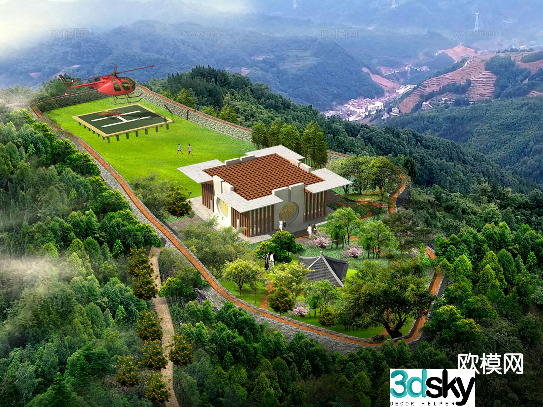 New Chinese-style ancient cottage mountaintop low-altitude flight base 3D model