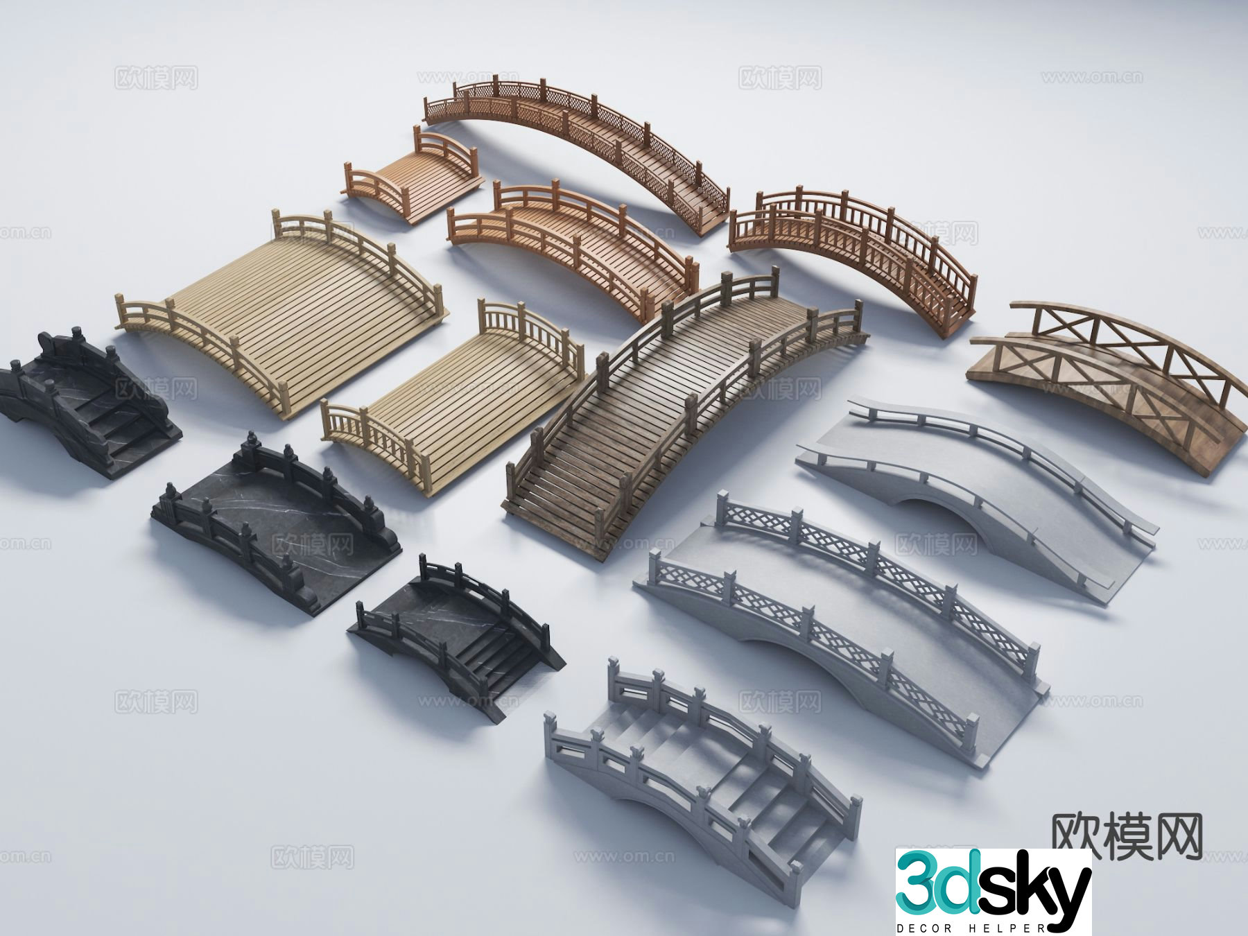 New Chinese wooden bridge stone arch bridge wooden arch bridge viewing plank road bridge 3D model