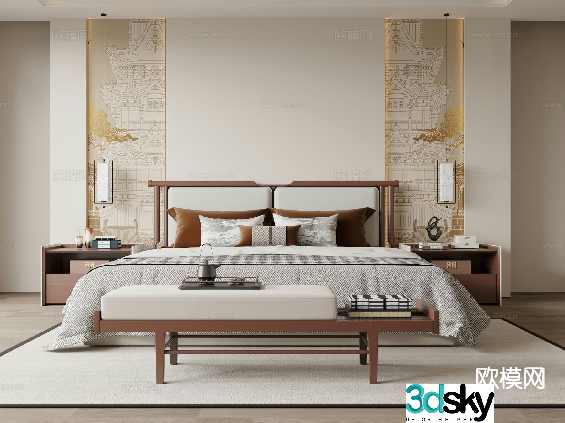 New Chinese style double bed 3d model