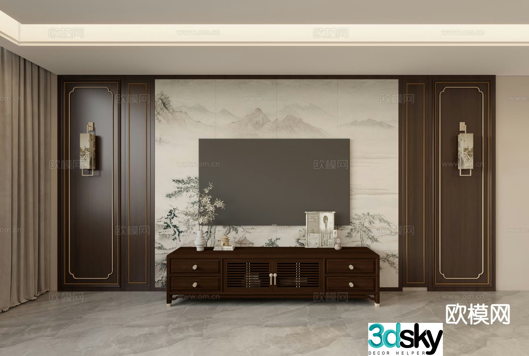 New Chinese style TV wall TV background 3d model