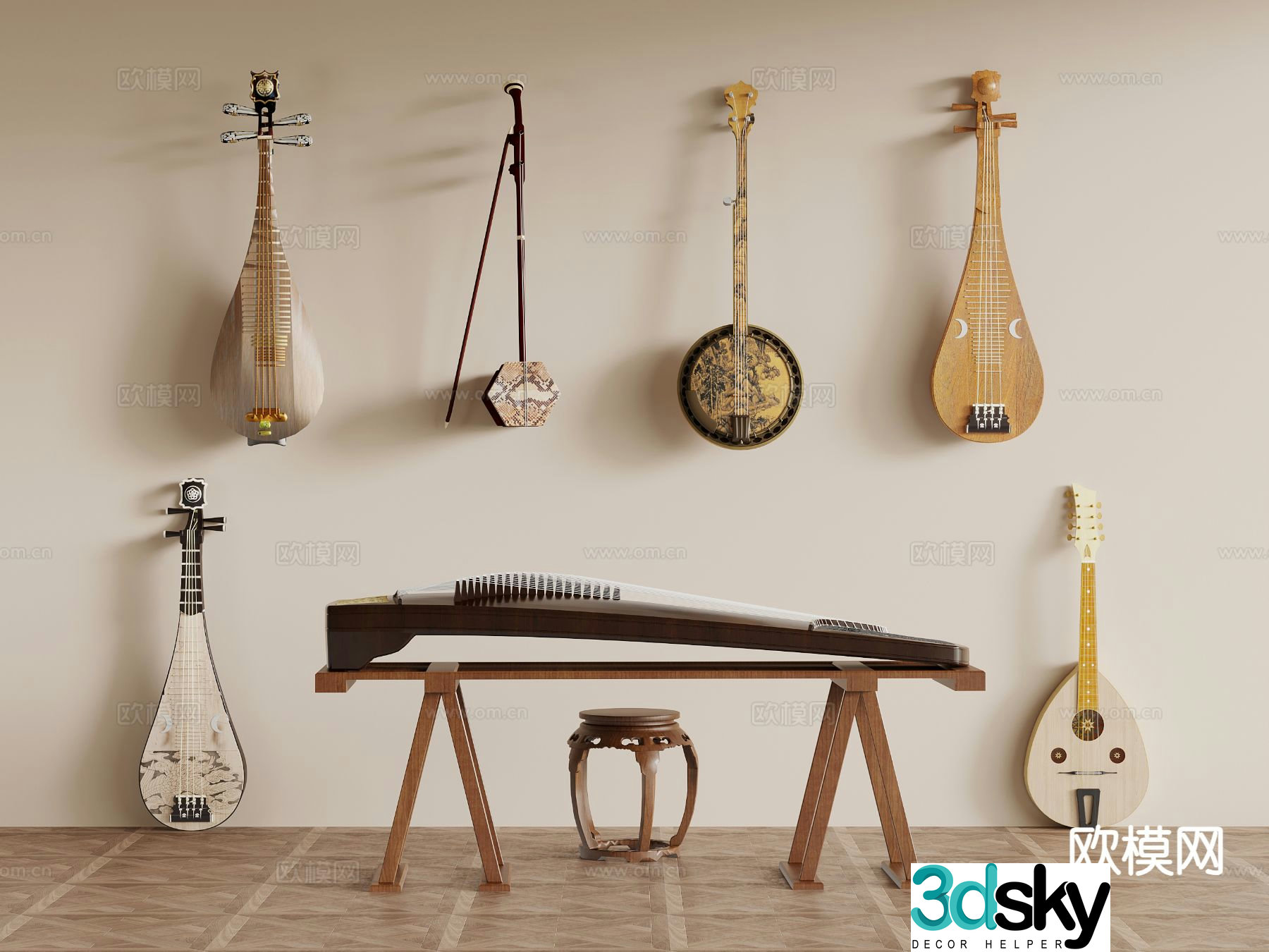traditional musical instrument classical musical instrument guzheng guqin 3d model