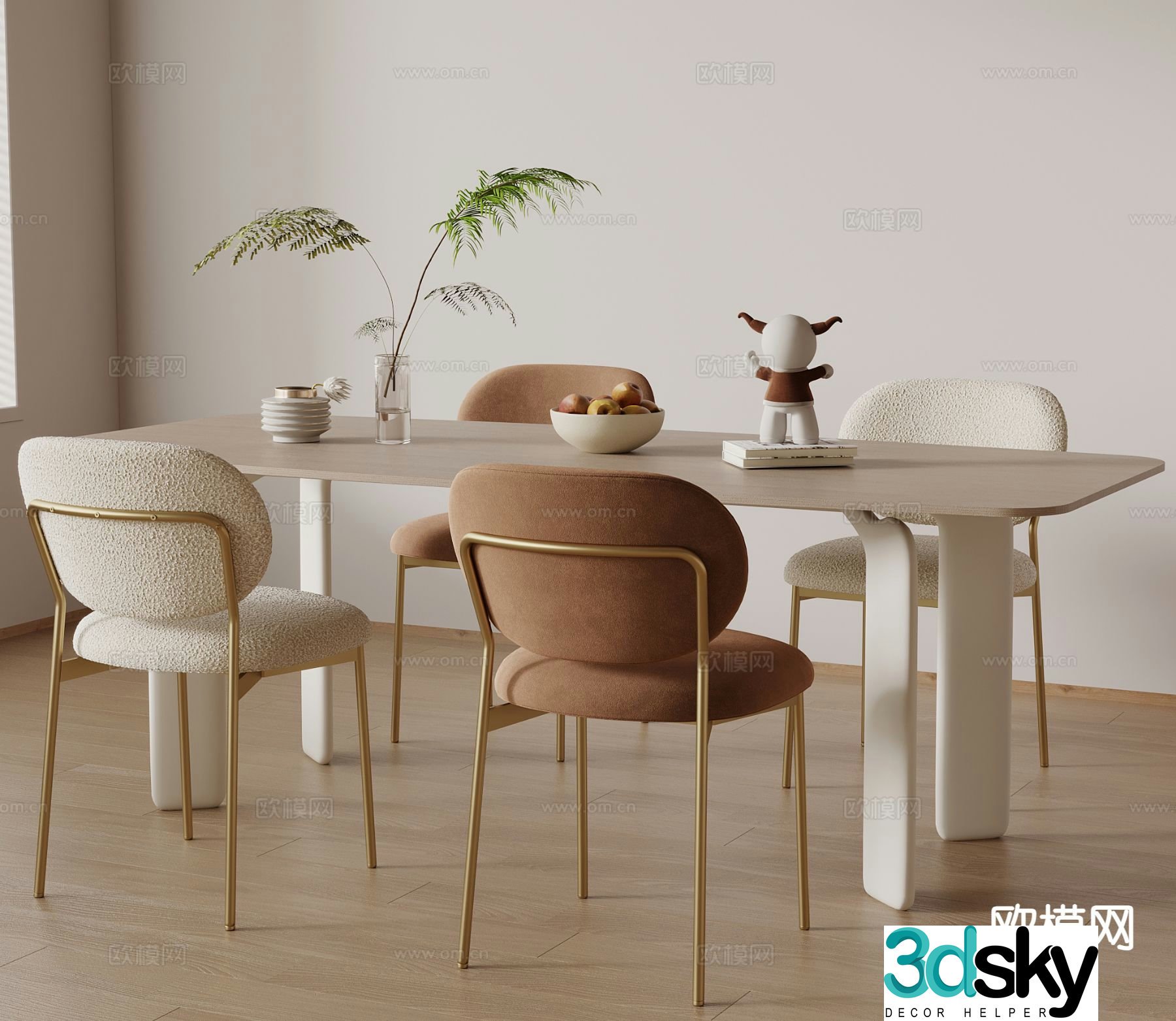 Cream style dining table and chairs strip dining table 3d model