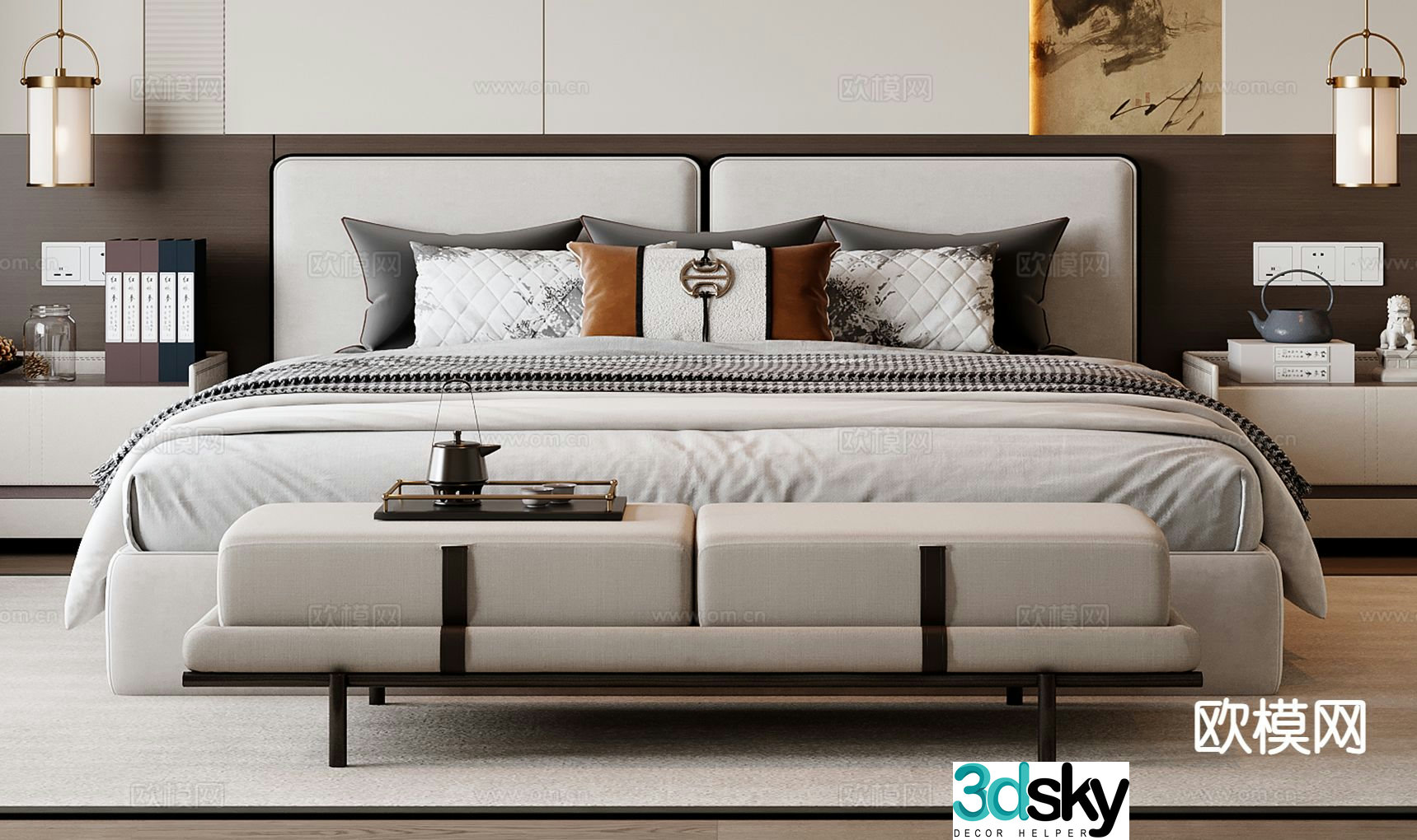 New Chinese style double bed 3d model