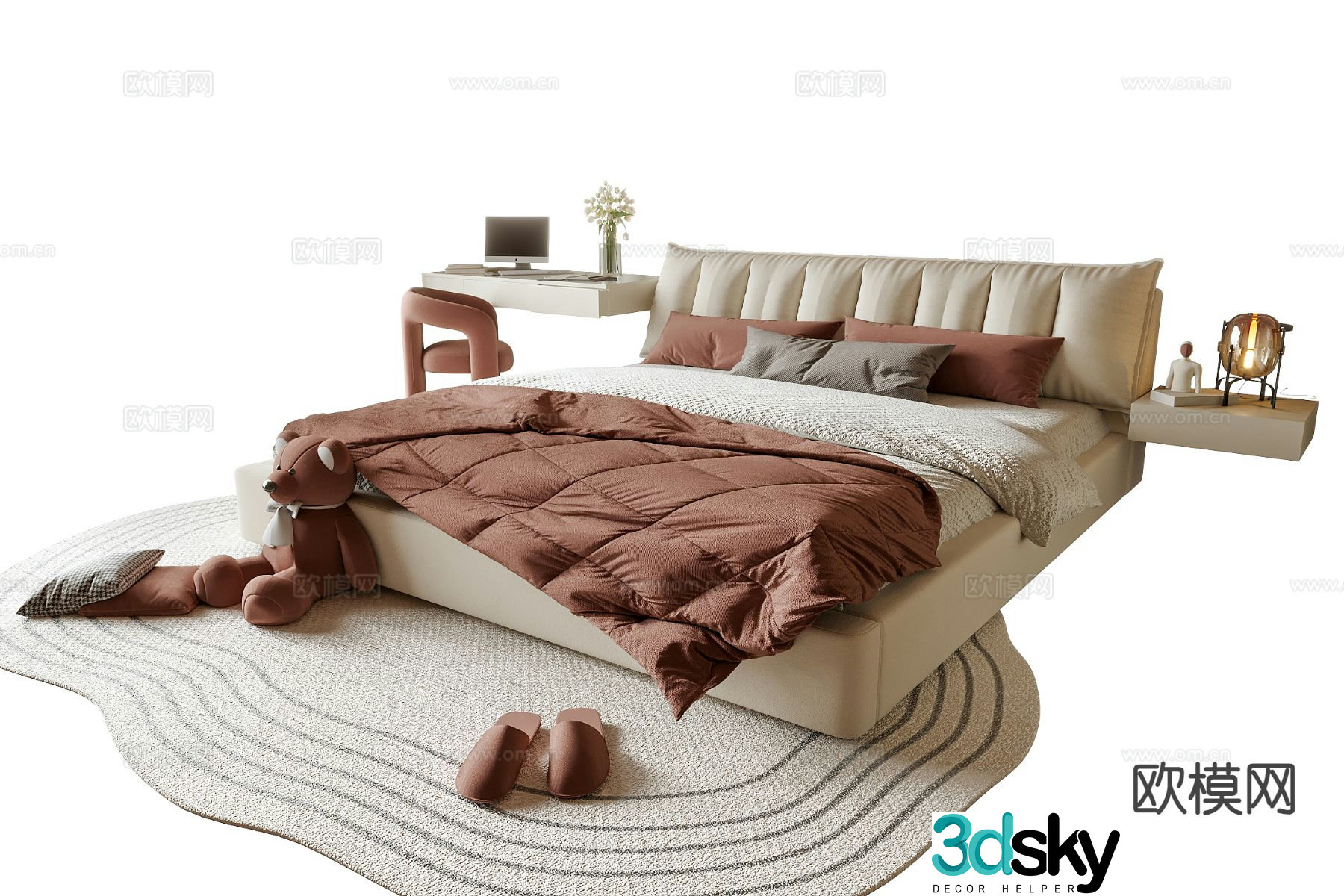 Cream style double bed 3d model