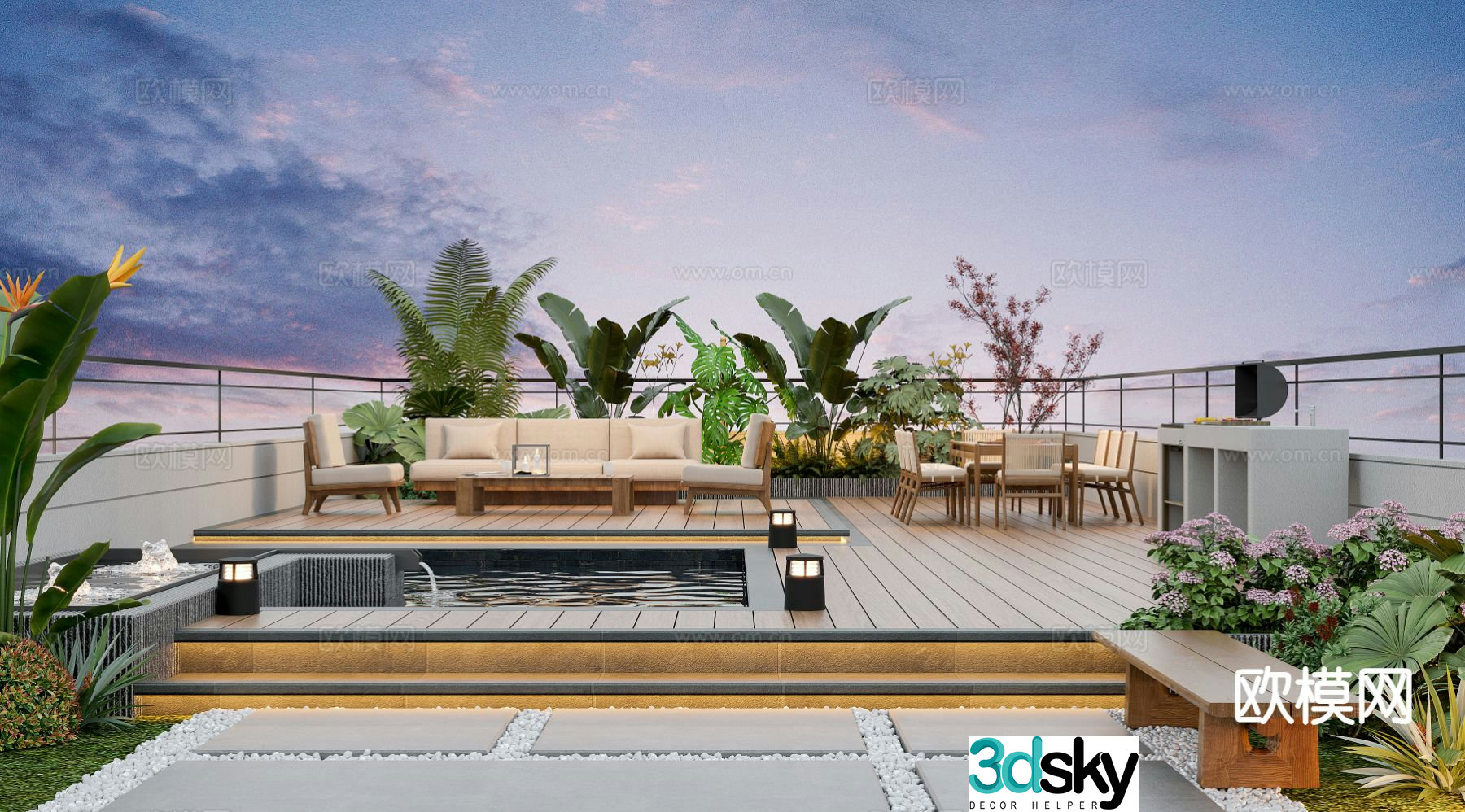 Modern balcony terrace roof garden 3d model