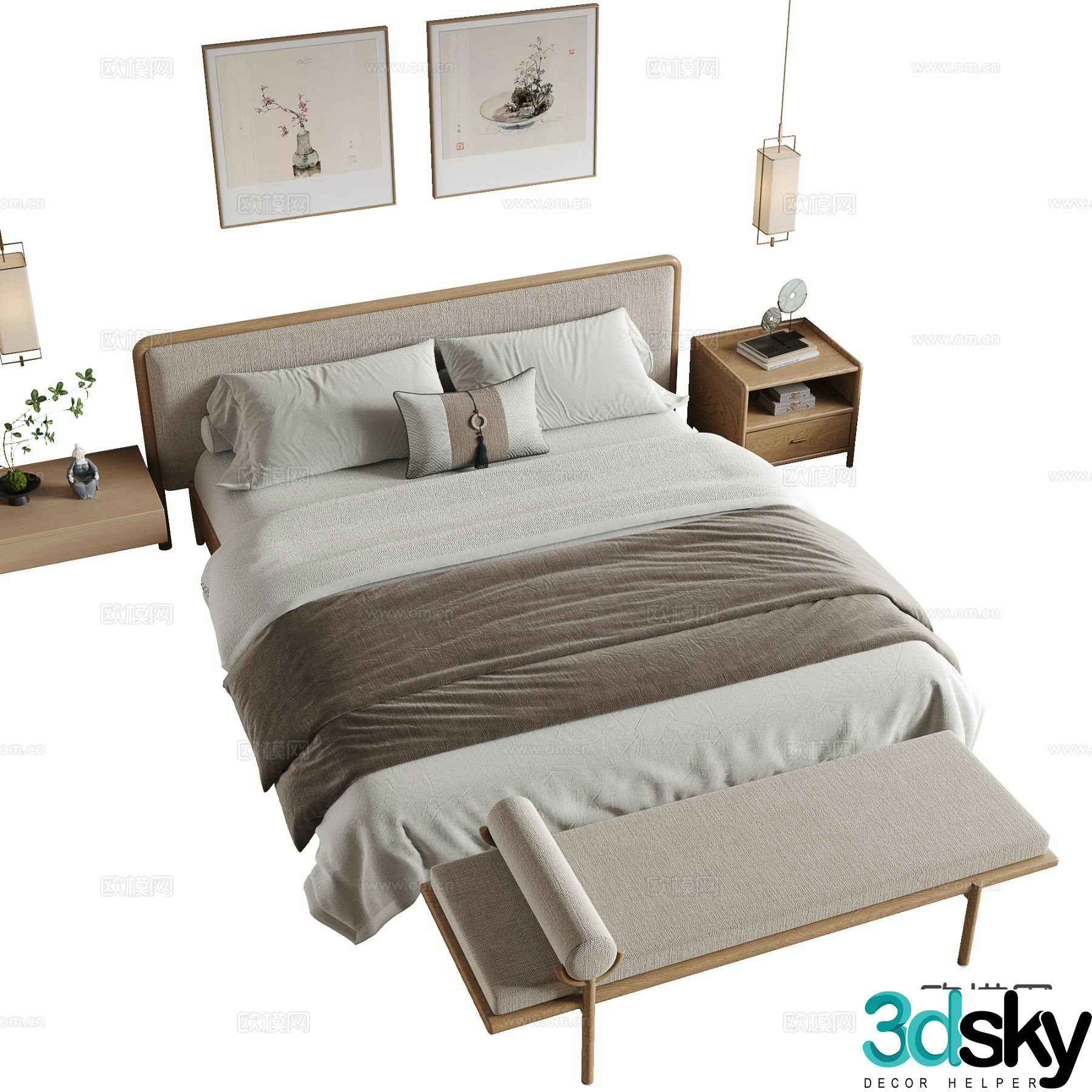 New Chinese style double bed 3d model