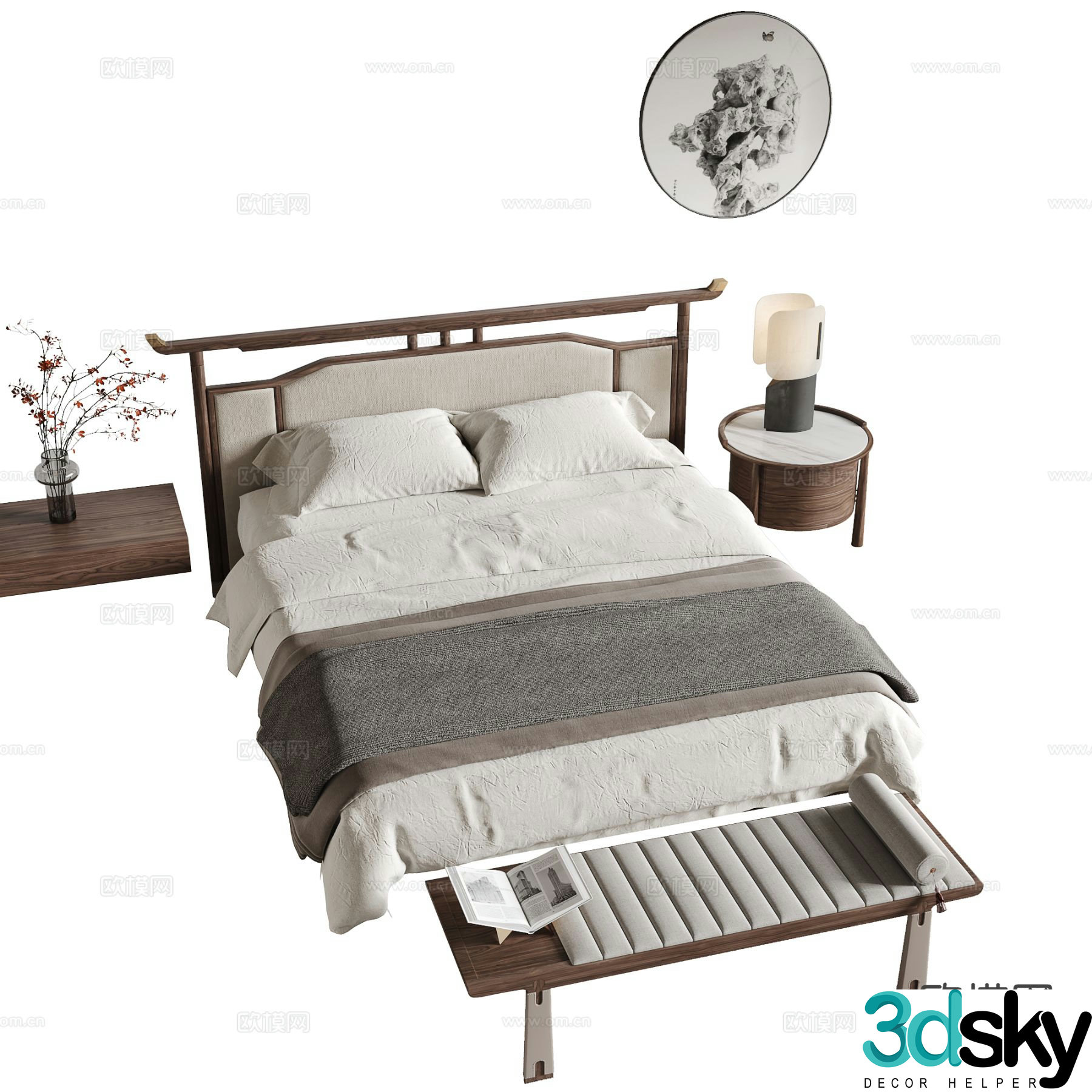 New Chinese style double bed 3d model