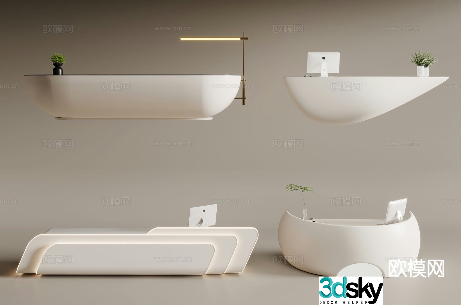 Cream style information desk curved front desk reception desk 3d model