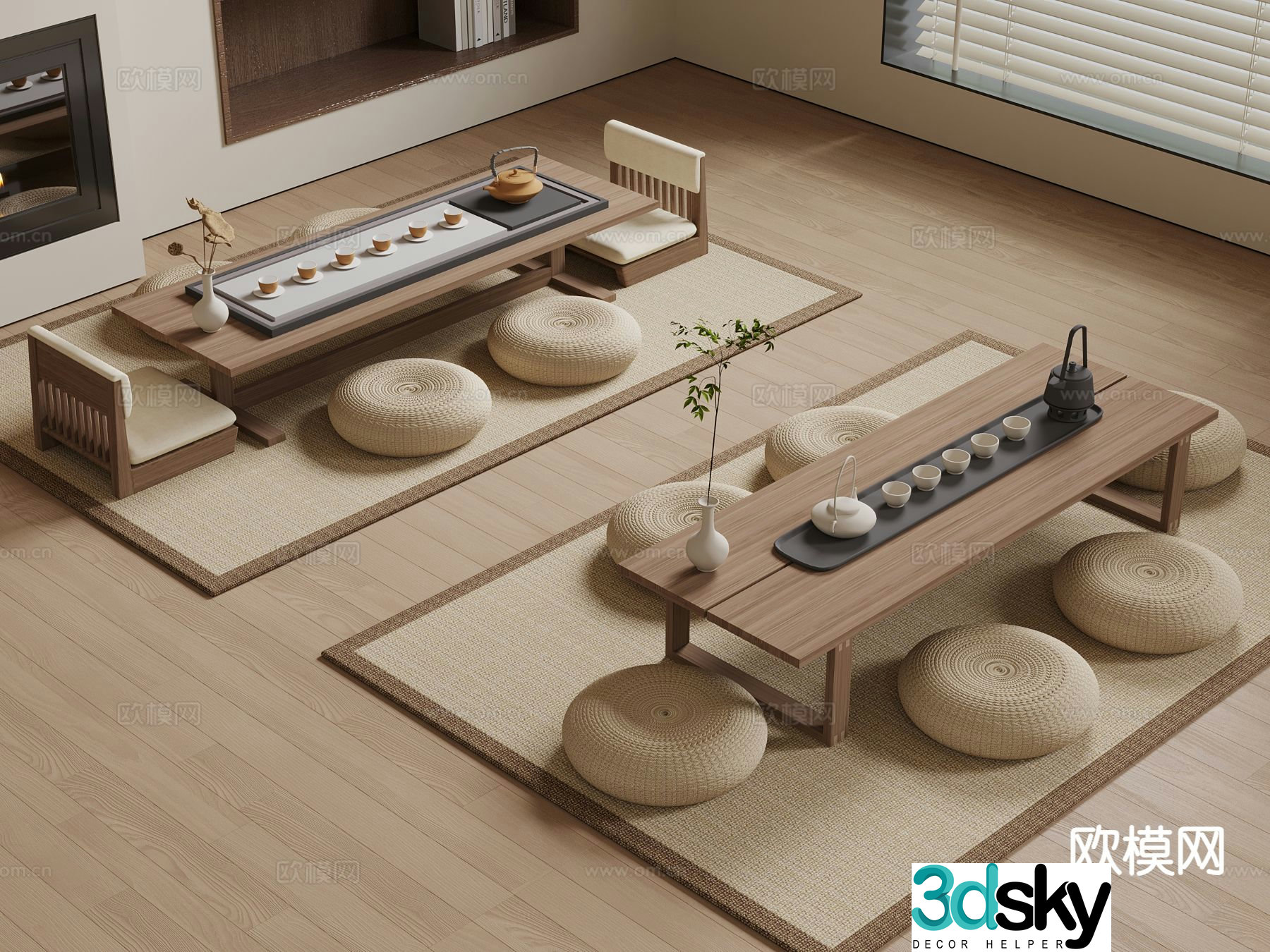 New Chinese style tatami tea table and chairs 3d model