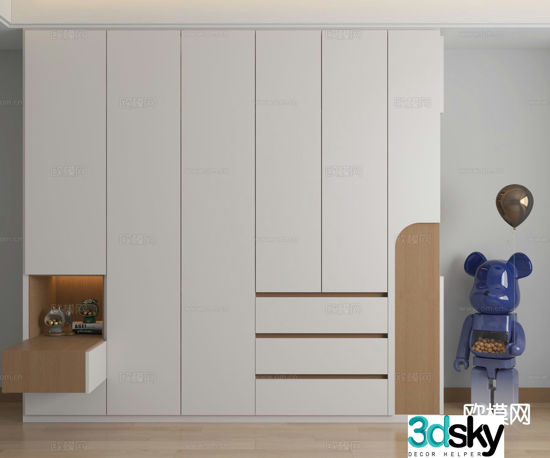 Cream style wardrobe bedside table integrated cabinet 3d model