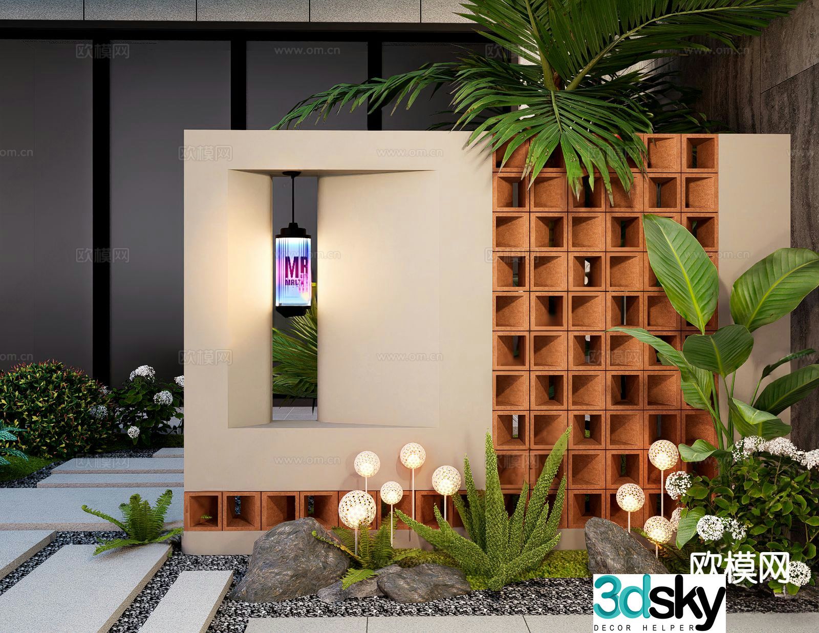 Courtyard landscape wall hollow brick landscape wall 3D model