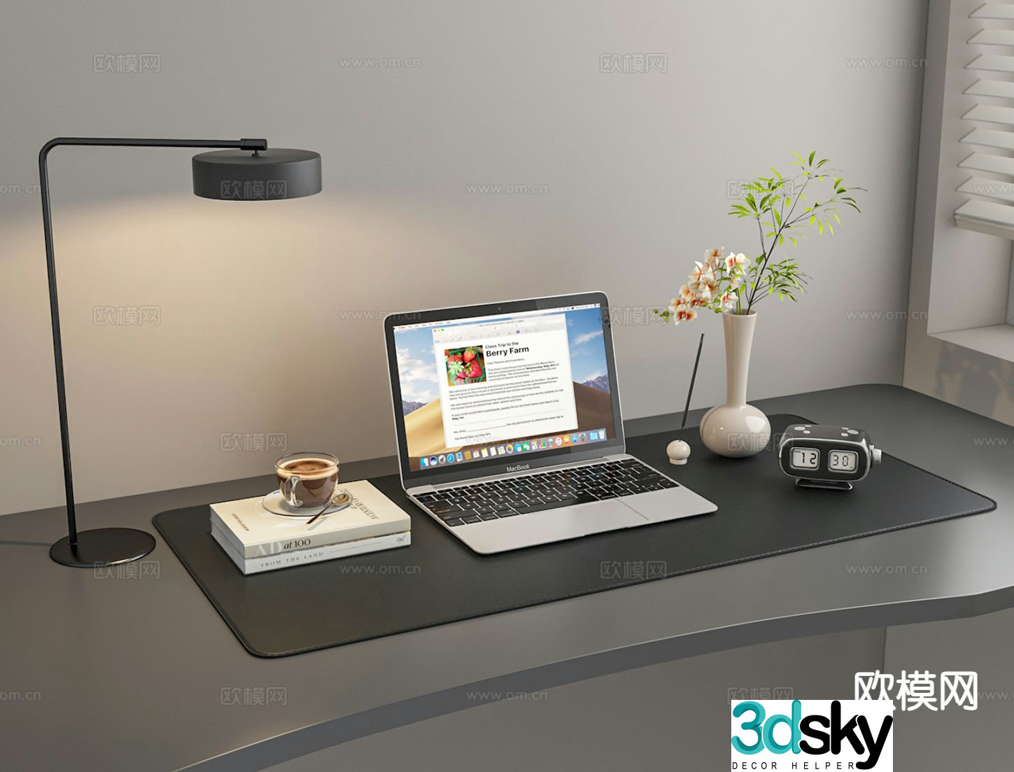 Office supplies laptop small desk lamp 3d model