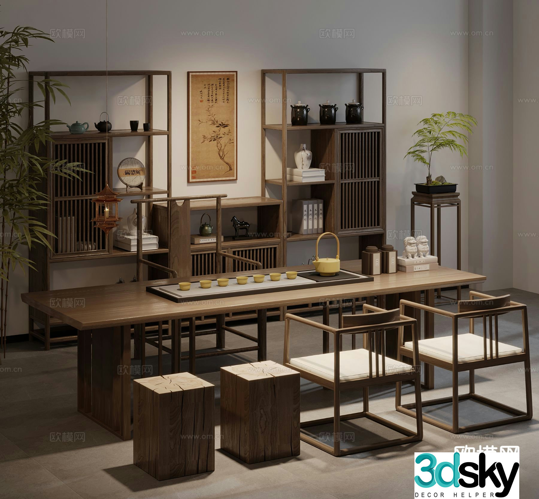 New Chinese style tea table and chairs tea cabinet 3d model