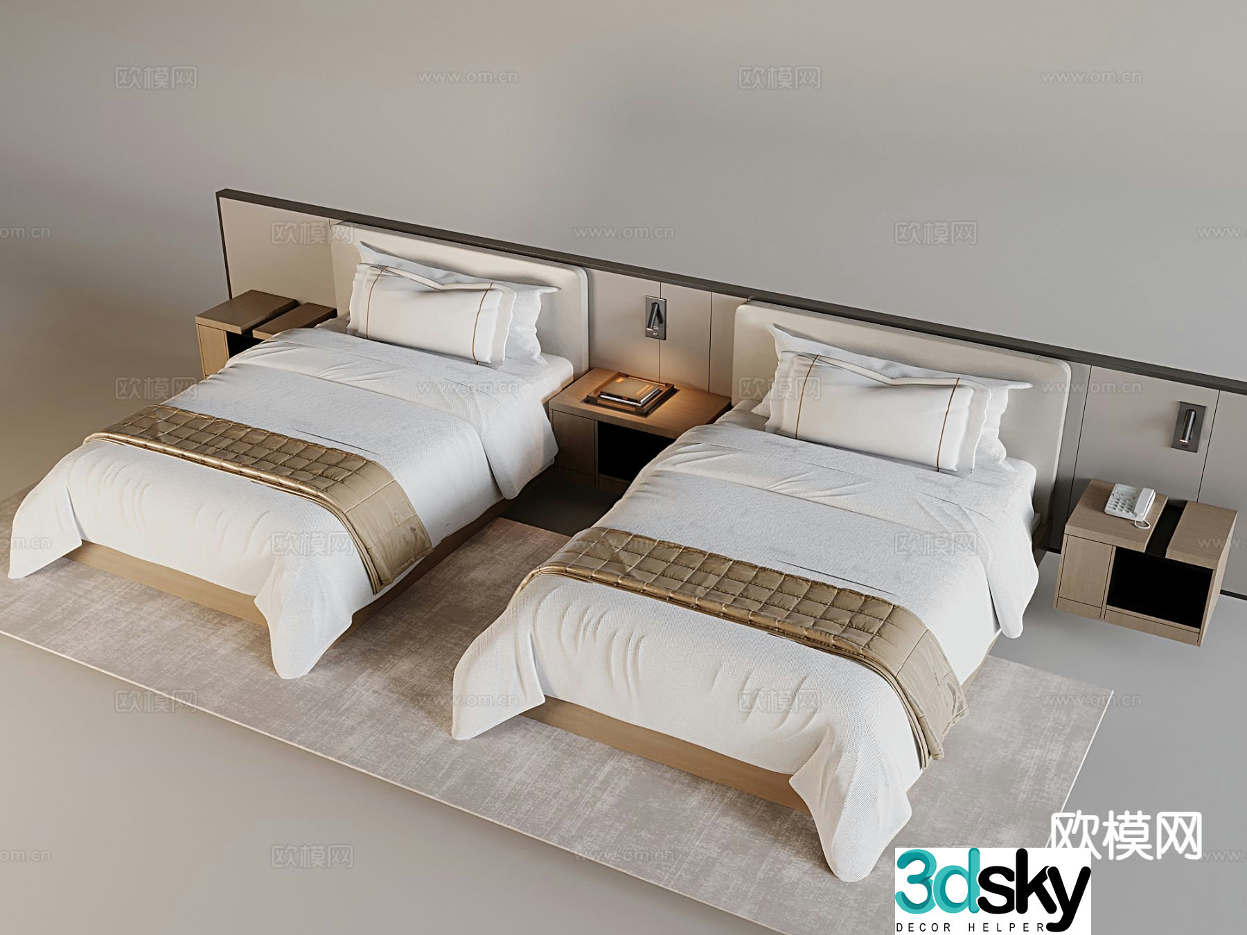 Modern solid wood single bed hotel single bed 3d model