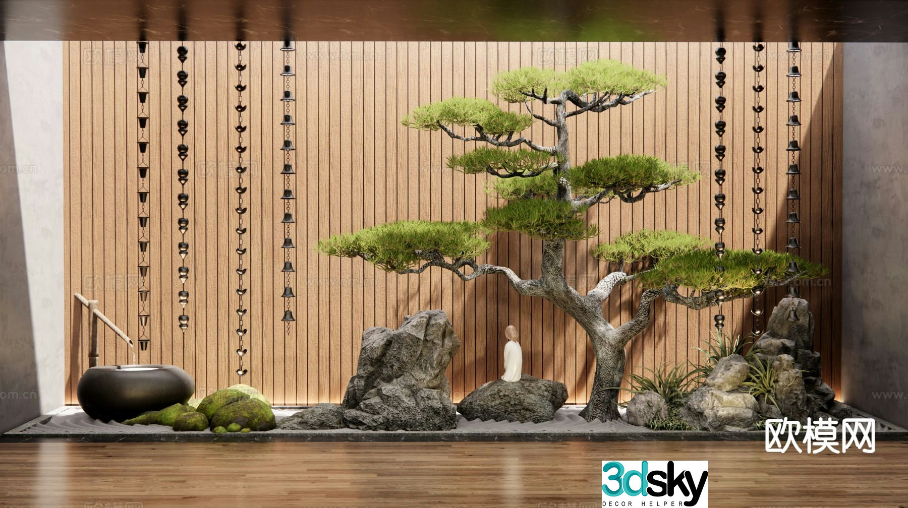 New Chinese style pine tree plant pile courtyard landscape sketch 3D model