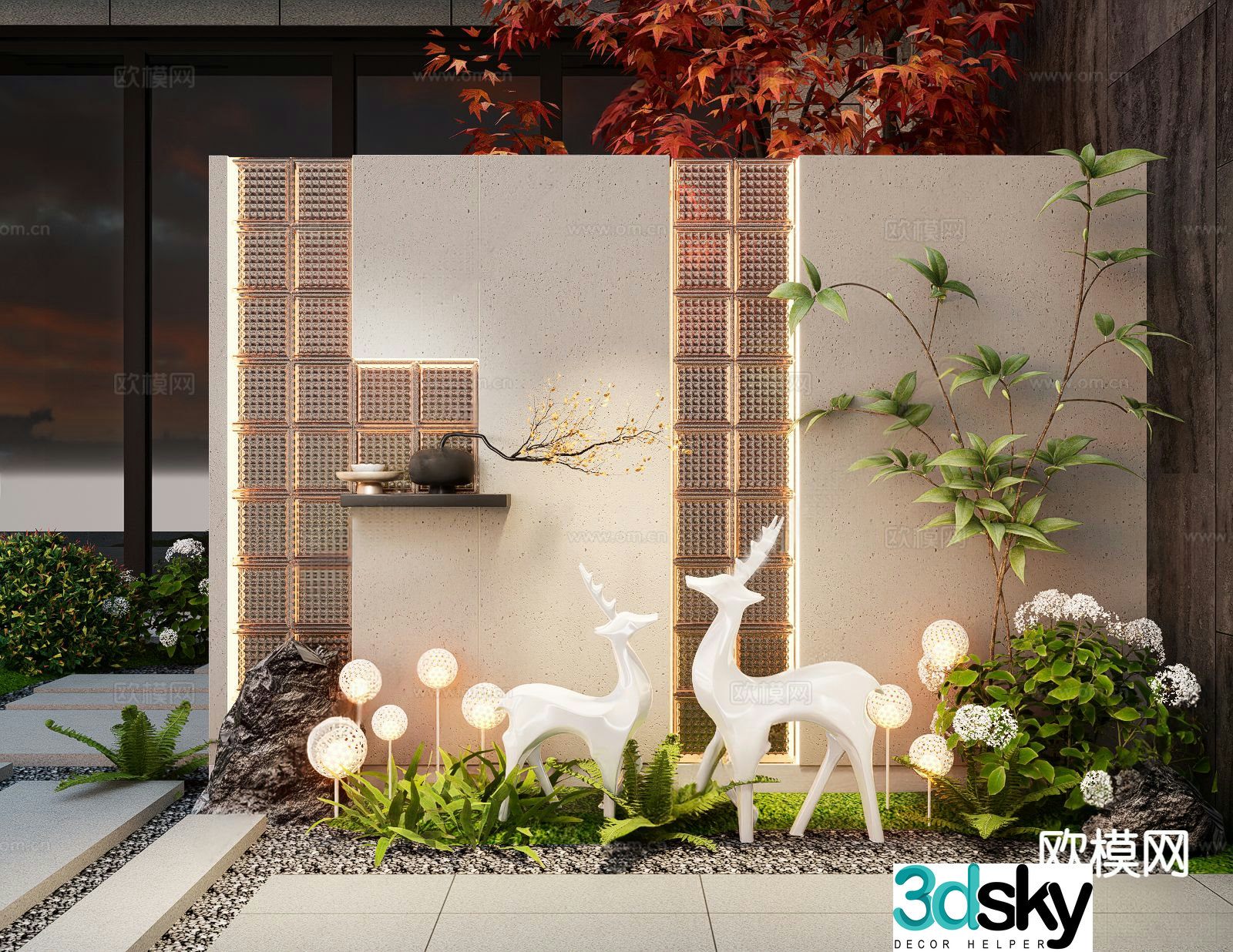 New Chinese style landscape wall glass brick landscape wall courtyard landscape wall 3d model