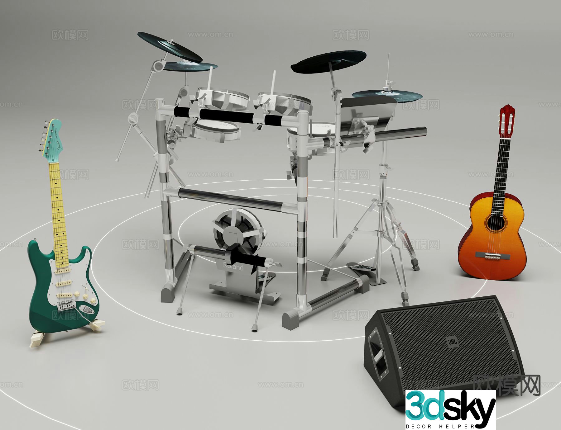modern musical instrument drum set guitar 3d model