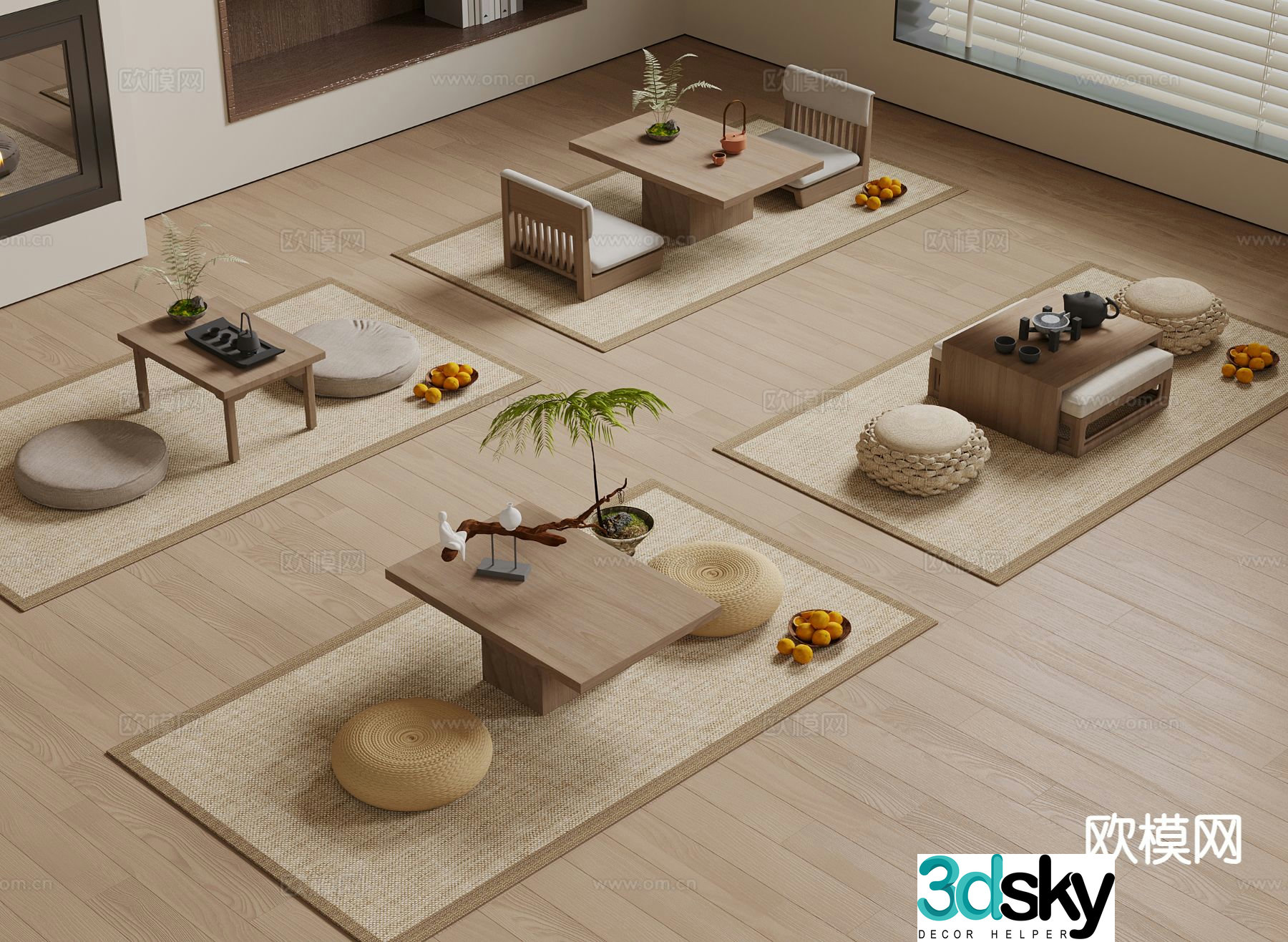 Japanese tea table and chair futon tatami 3d model