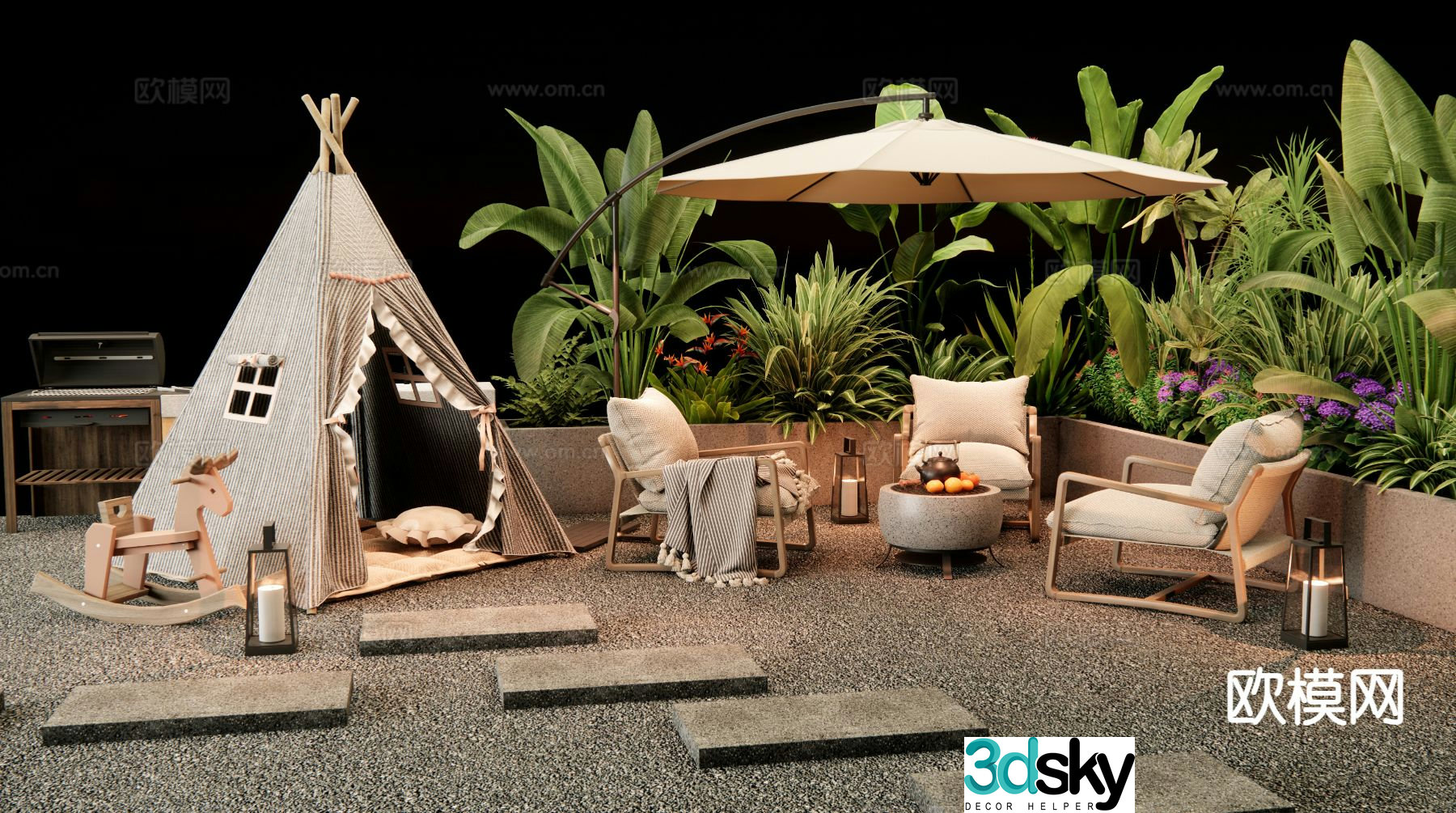 Modern camping tea by the fire outdoor chairs tent 3d model