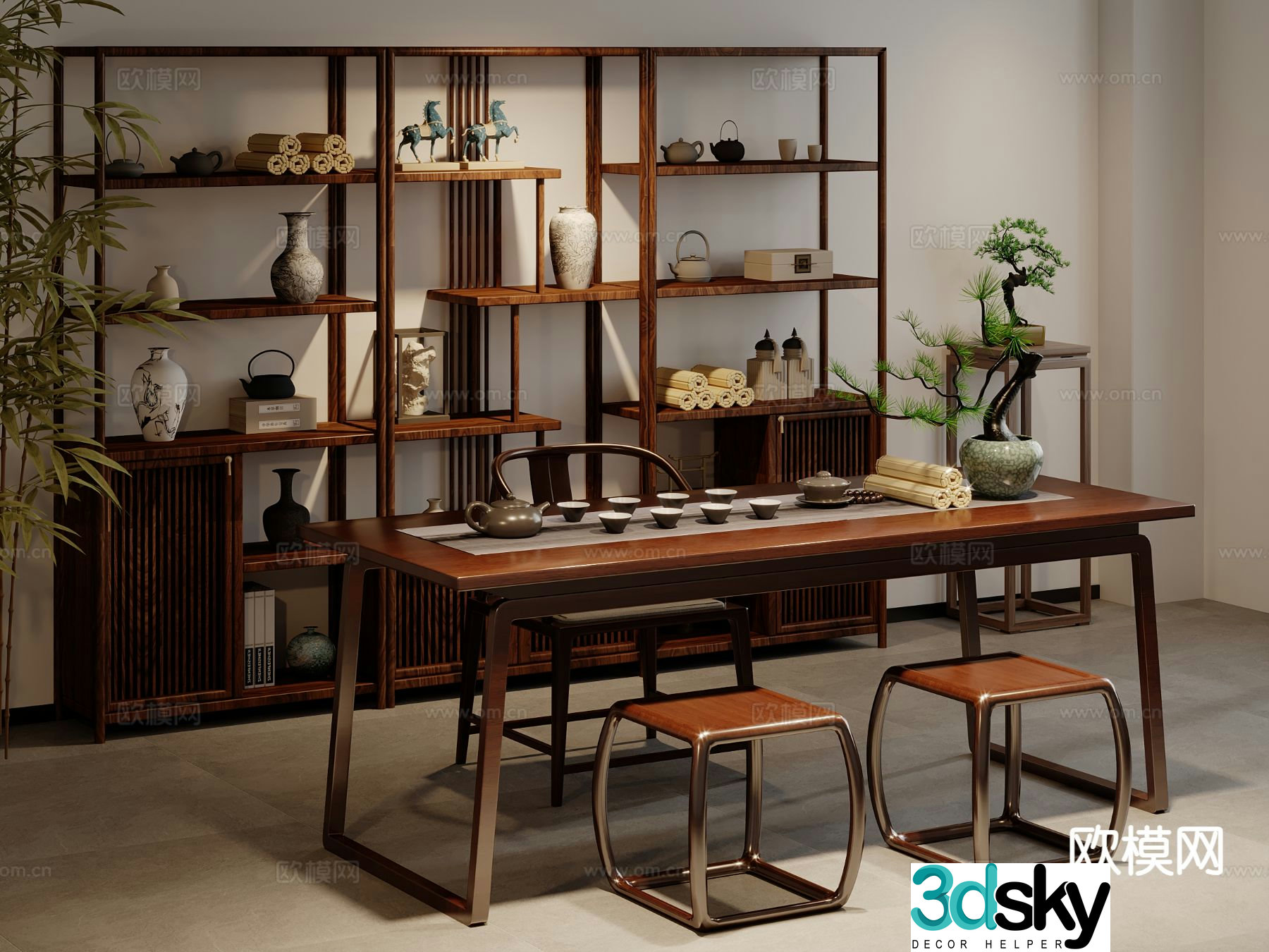New Chinese style tea table and chairs tea cabinet 3d model