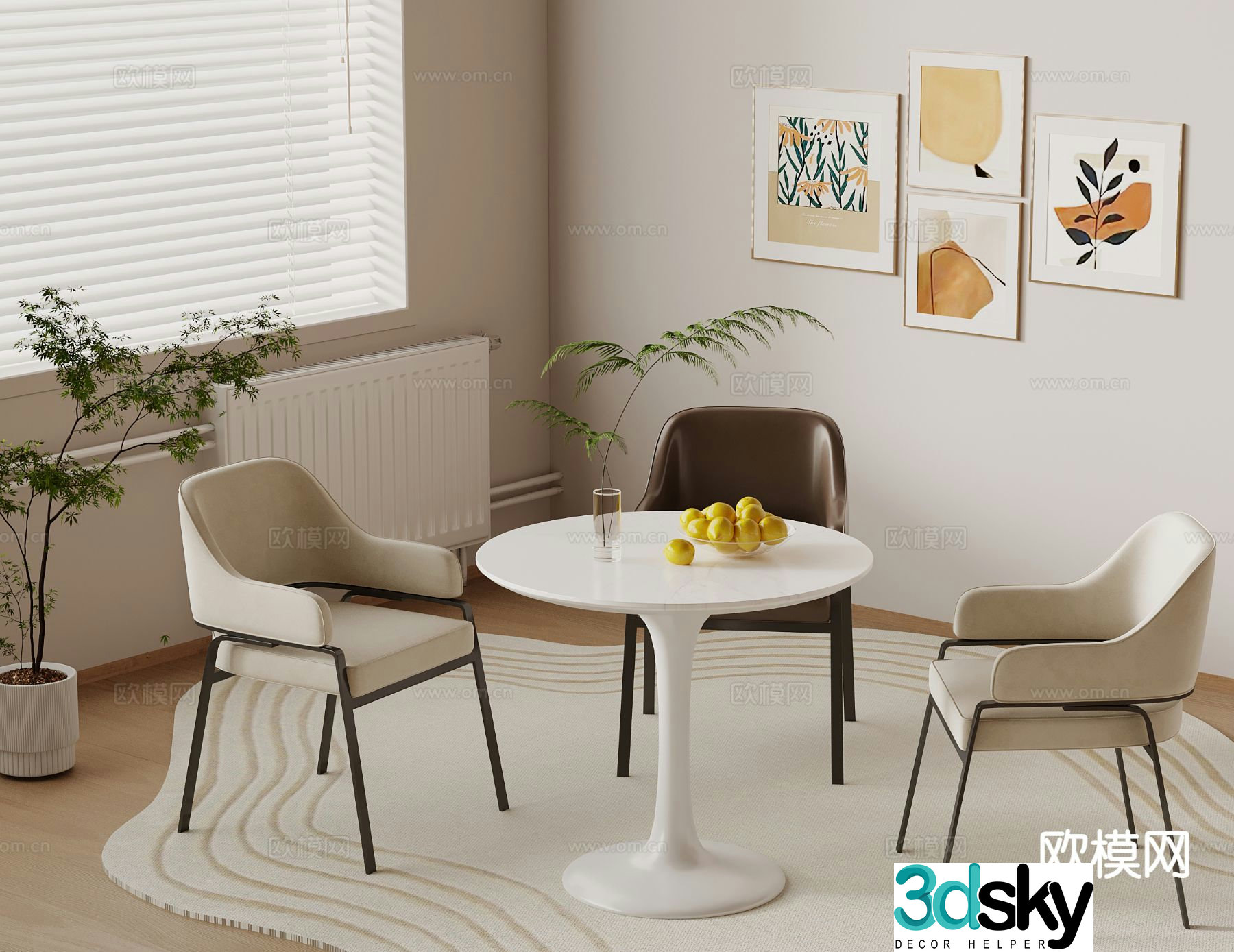 Creamy round table casual table chair 3d model