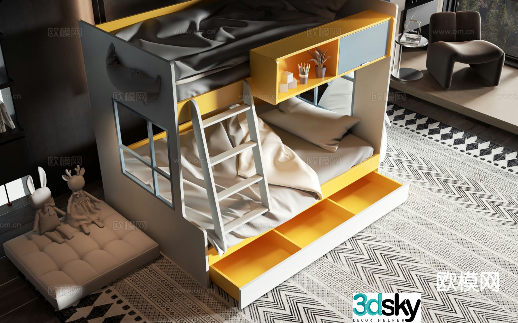 Modern bunk bed children’s bed 3d model